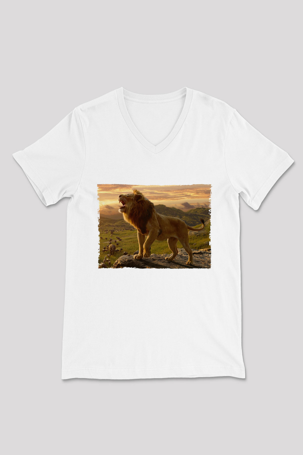 Unisex Aslan Kral (The Lion King) Baskılı Beyaz V Yaka T-shirt