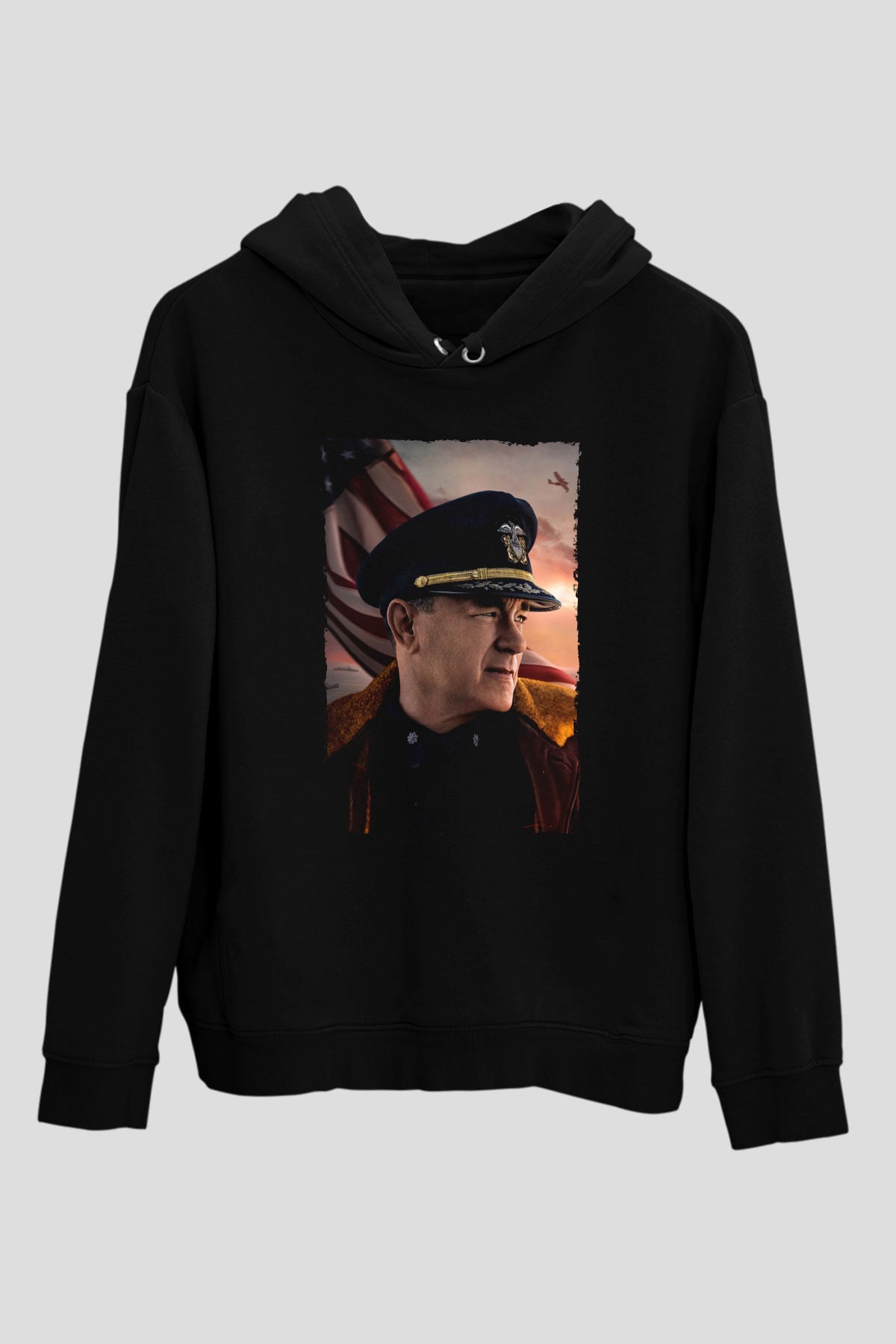 Unisex Atlantik Savaşı (Greyhound) Baskılı Siyah Kapüşonlu Sweatshirt