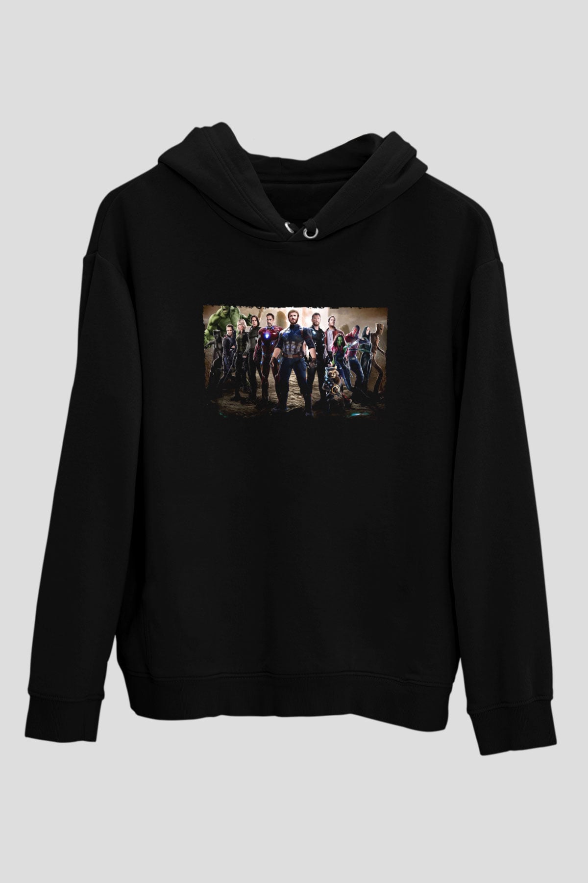 Unisex Avengers Sonsuzluk Savaşı Baskılı Siyah Kapüşonlu Sweatshirt
