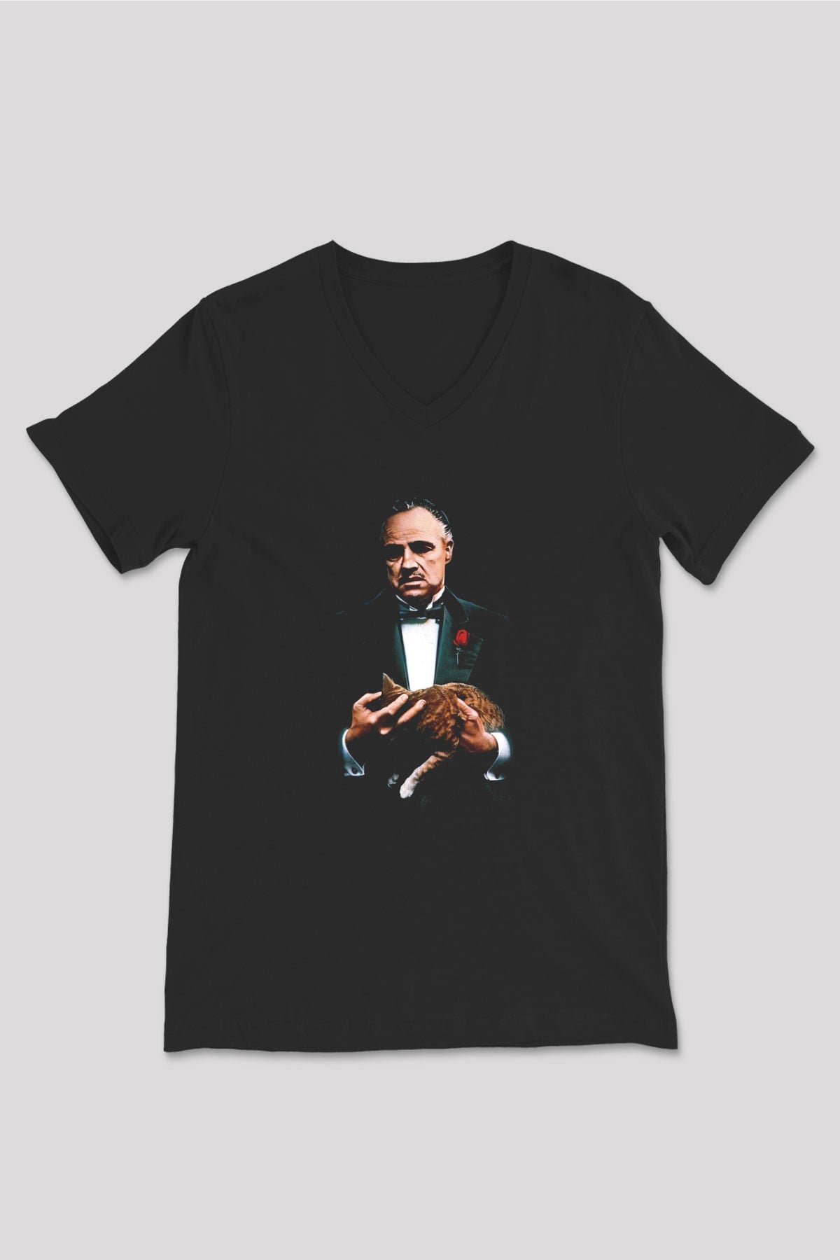Unisex Baba (The Godfather) Baskılı Siyah V Yaka T-shirt