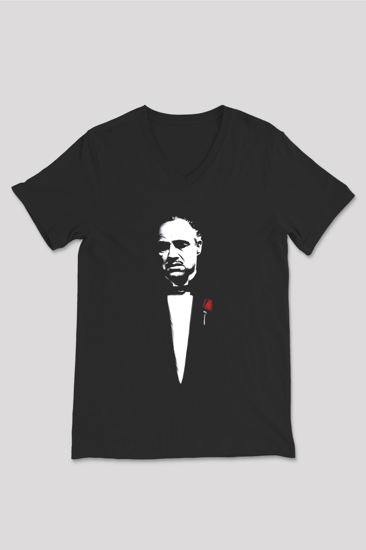 Unisex Baba (The Godfather) Baskılı Siyah V Yaka Tişört
