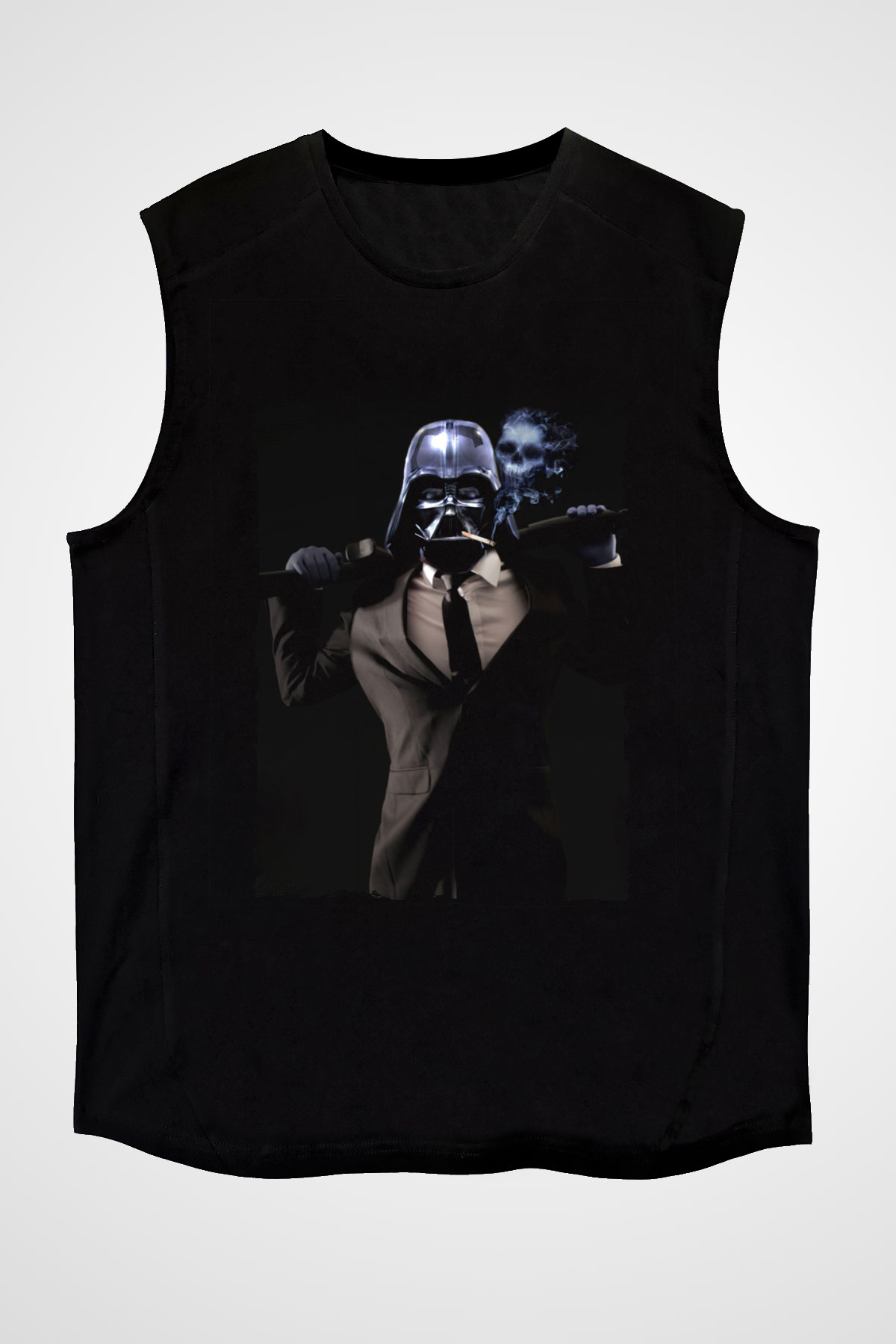 Unisex Badass Vader Baskılı Siyah Kolsuz T-shirt