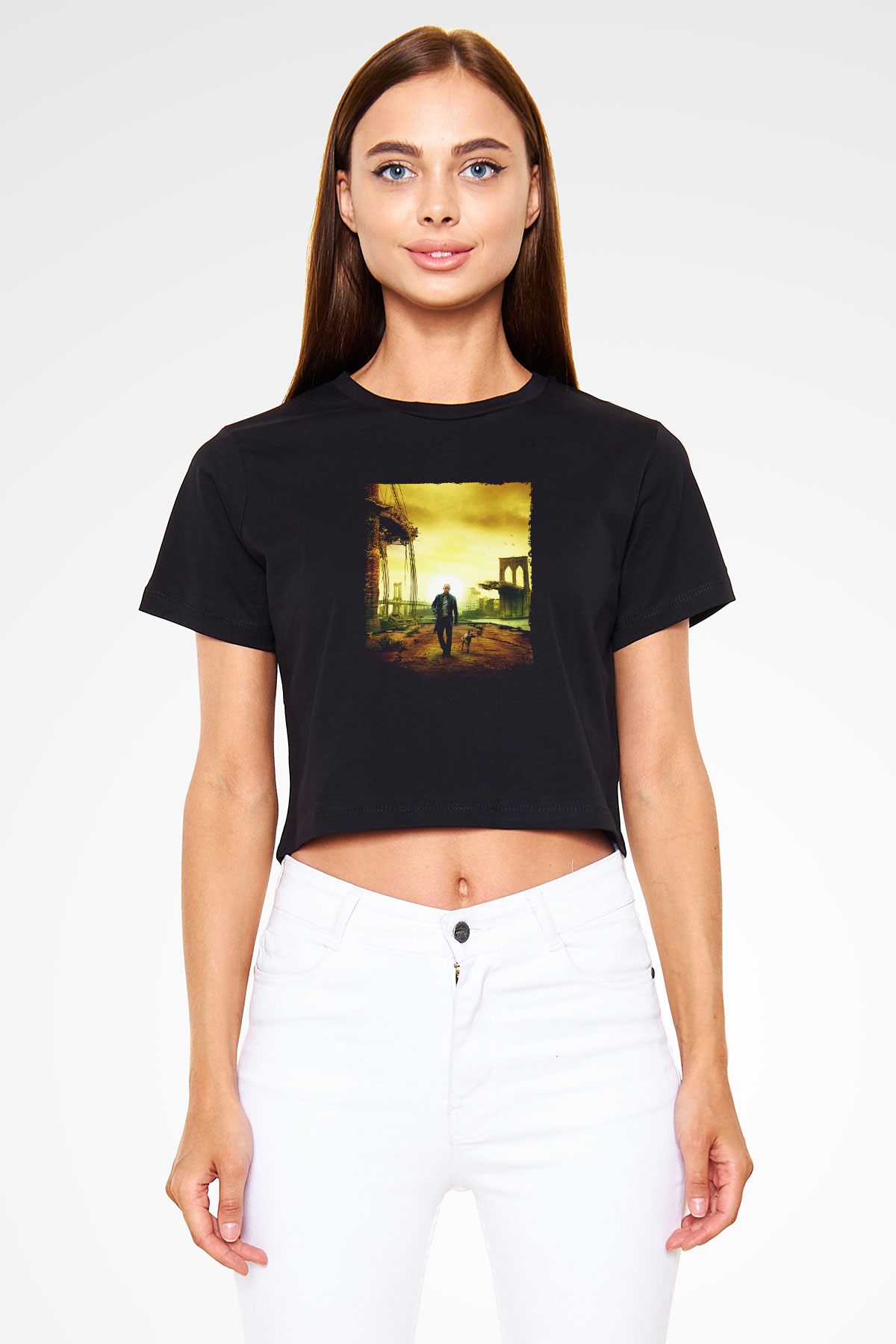 Unisex Ben Efsaneyim (I Am Legend) Baskılı Siyah Crop Top Tshirt