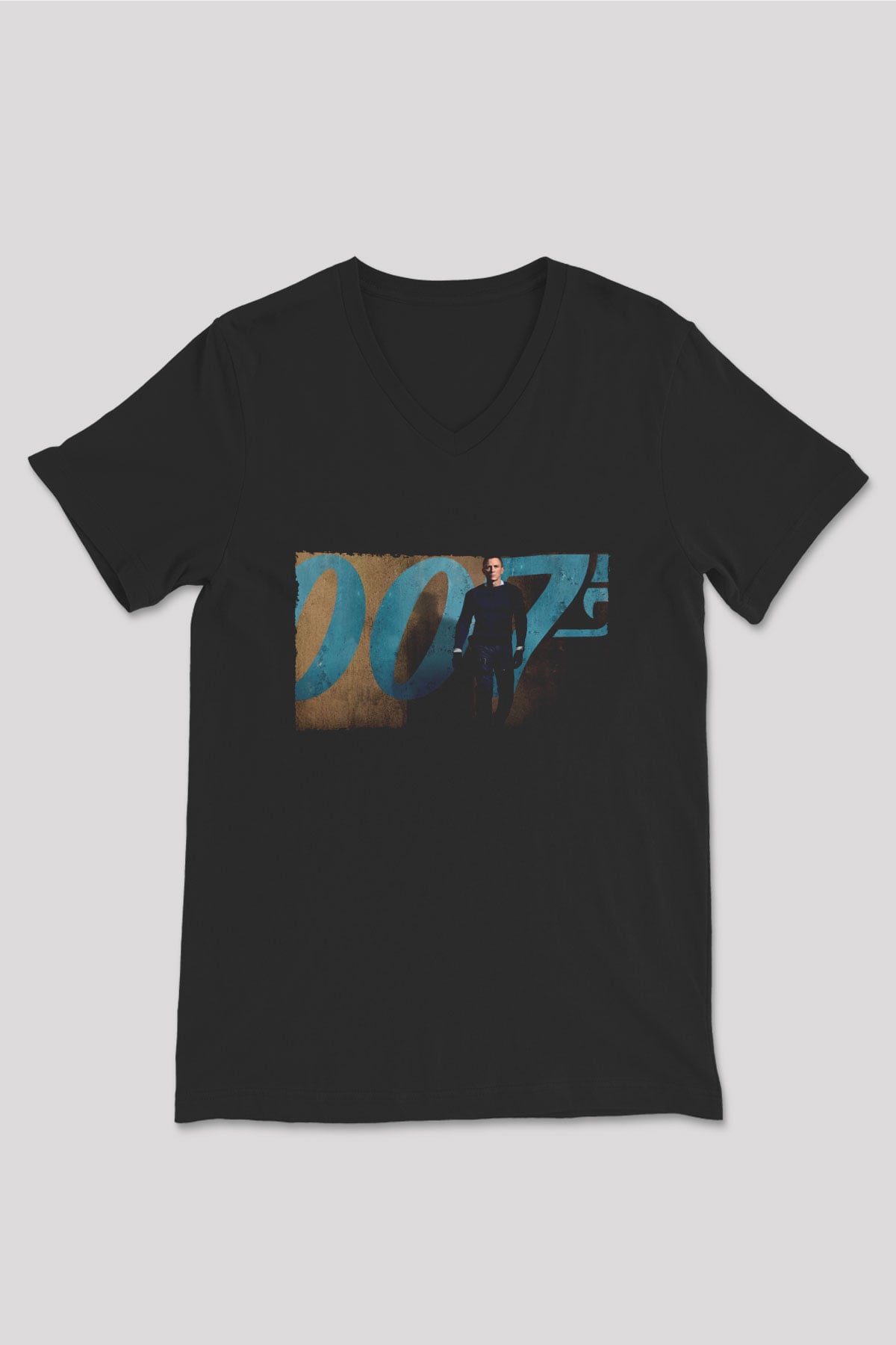 Unisex Bond 25 (No Time to Die) Baskılı Siyah V Yaka Tişört
