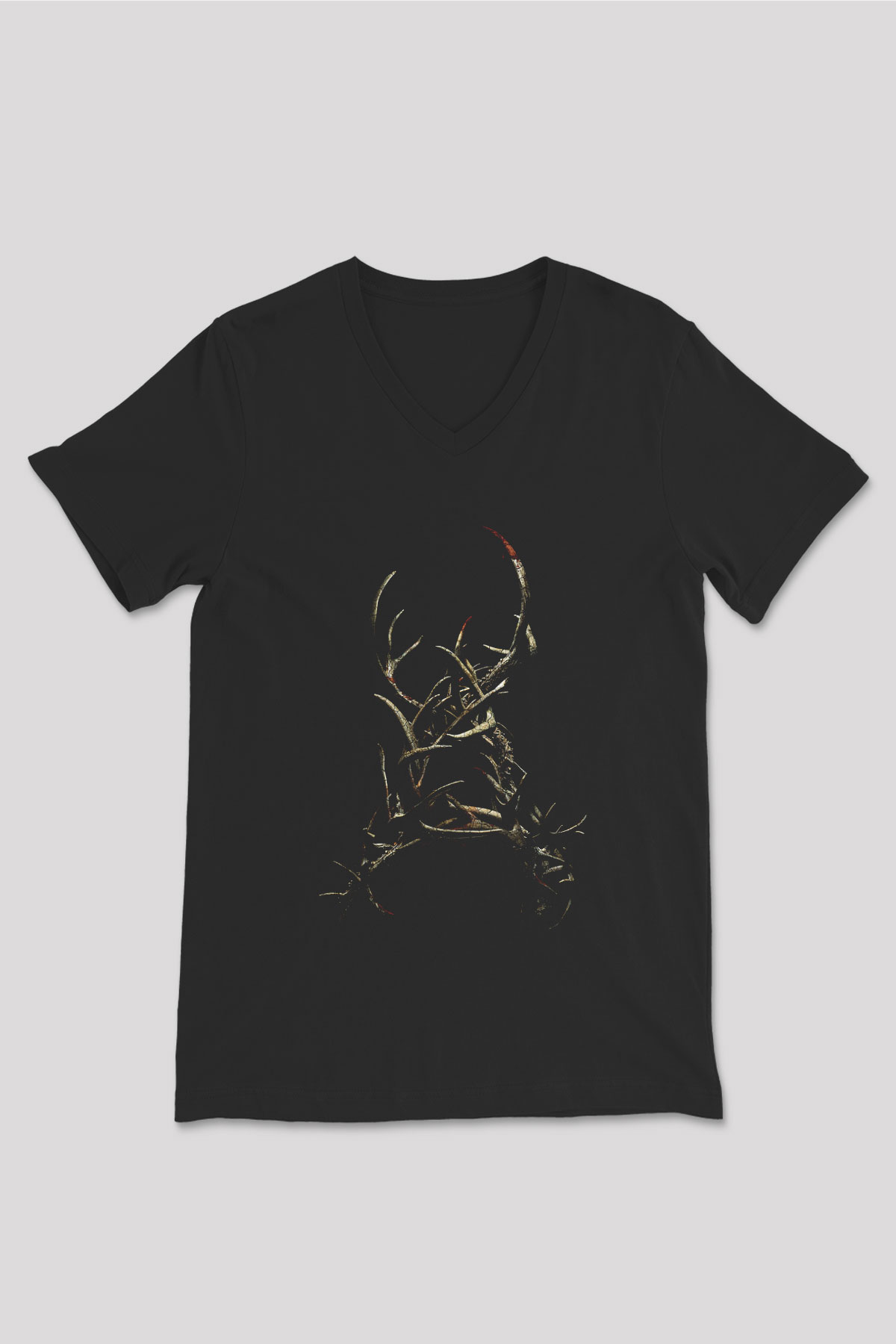 Unisex Boynuzlar (Antlers) Baskılı Siyah V Yaka Tshirt