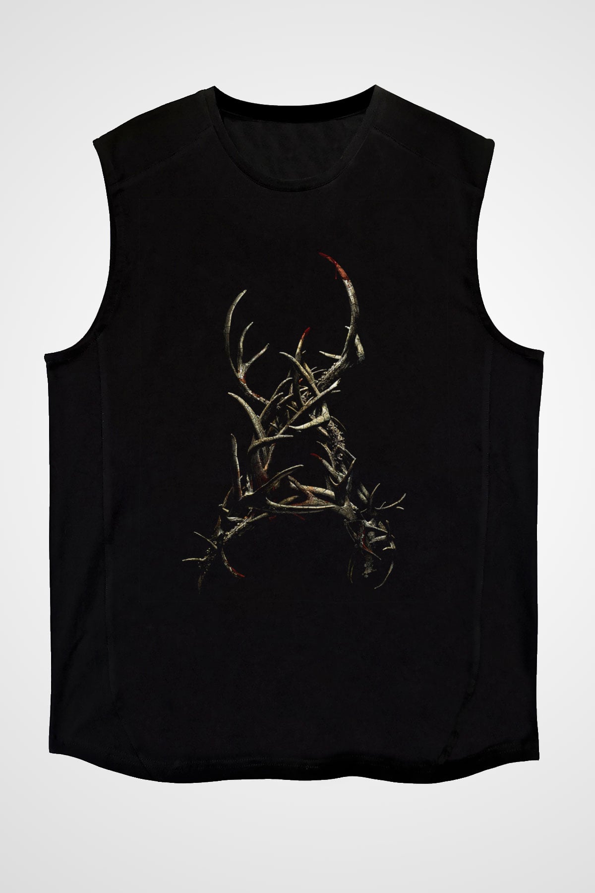 Unisex Boynuzlar (Antlers) Baskılı Siyah Kolsuz Tshirt