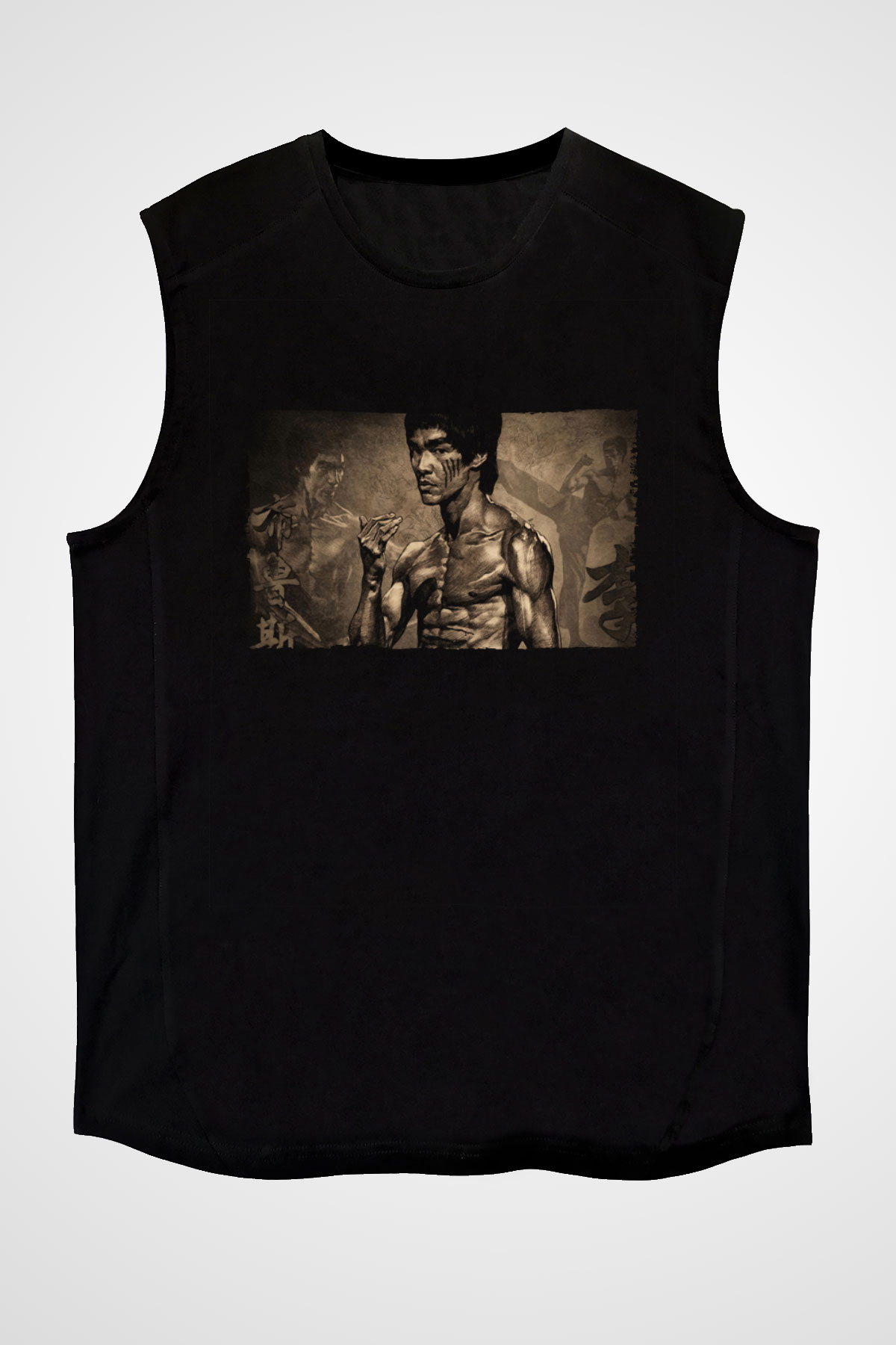 Unisex Bruce Lee Baskılı Siyah Kolsuz T-shirt