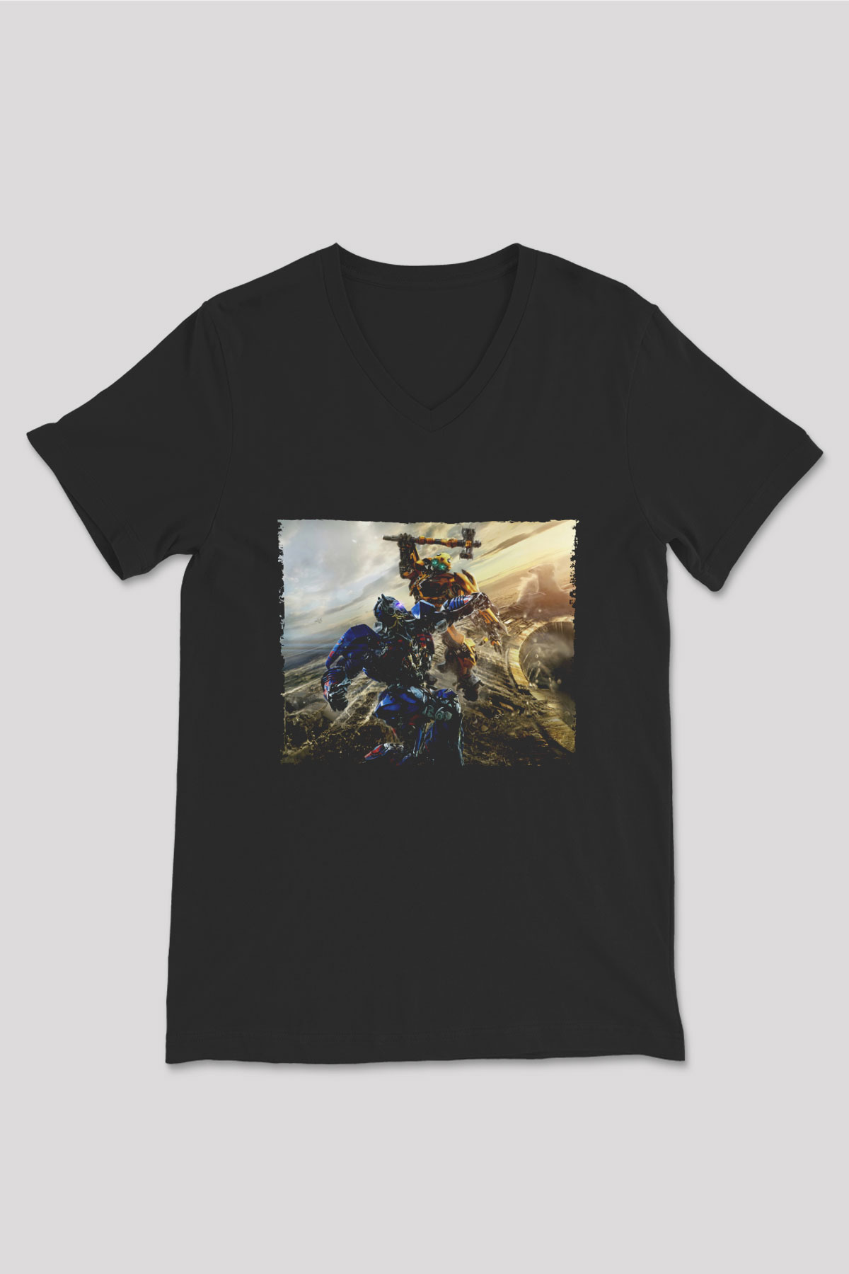 Unisex Bumblebee Baskılı Siyah V Yaka Tshirt