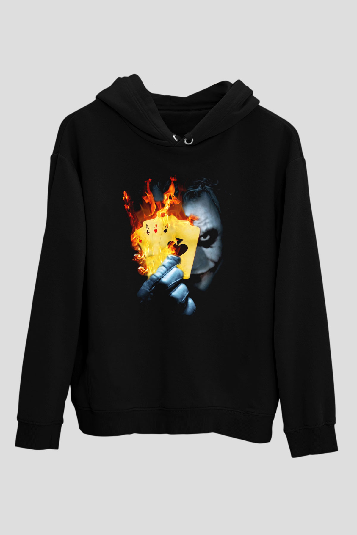Unisex Burning Poker Joker Baskılı Siyah Kapüşonlu Sweatshirt