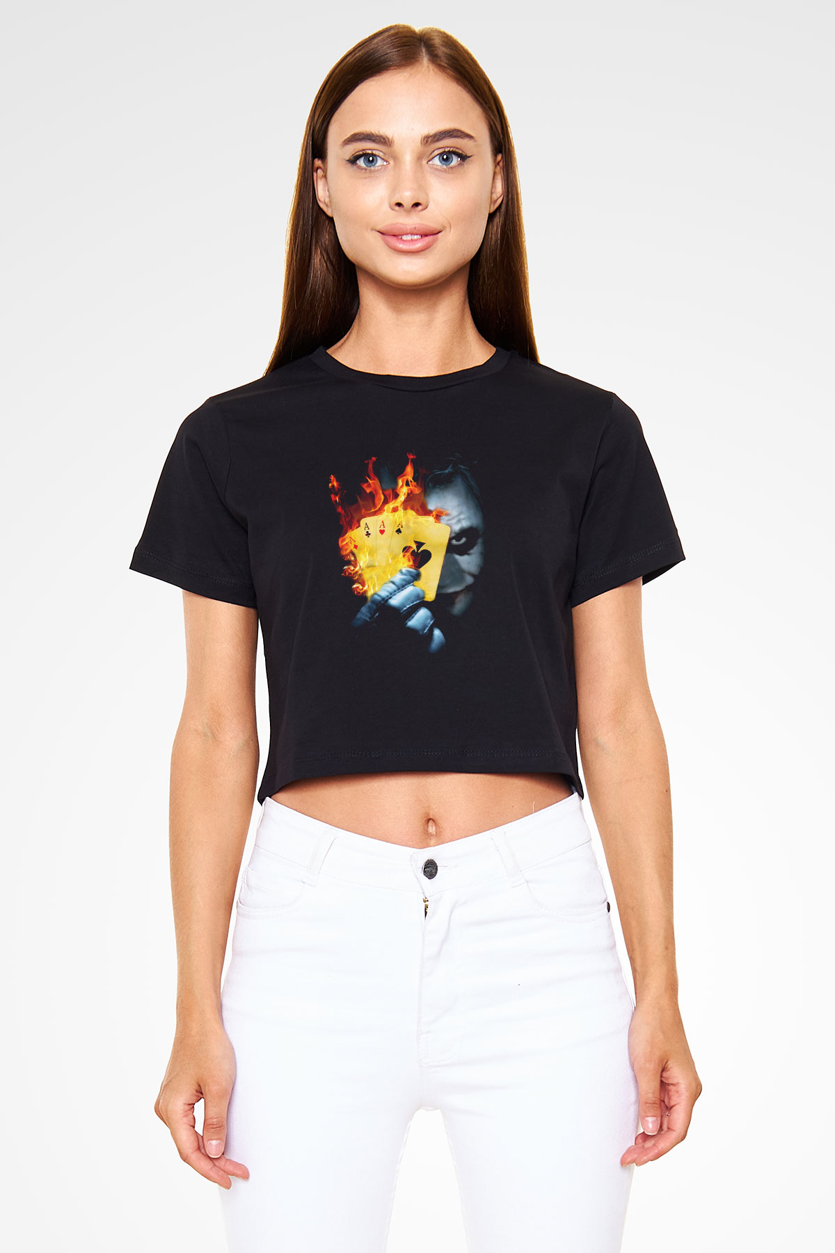 Unisex Burning Poker Joker Baskılı Siyah Crop Top T-shirt