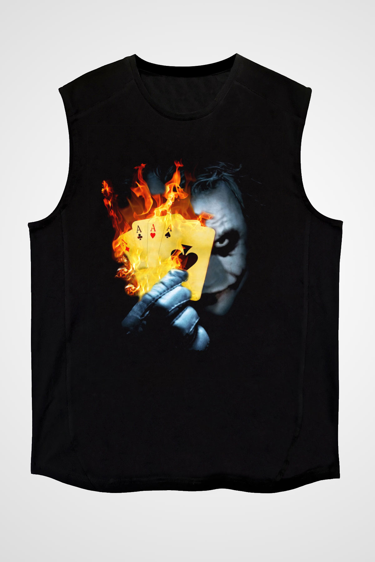 Unisex Burning Poker Joker Baskılı Siyah Kolsuz T-shirt