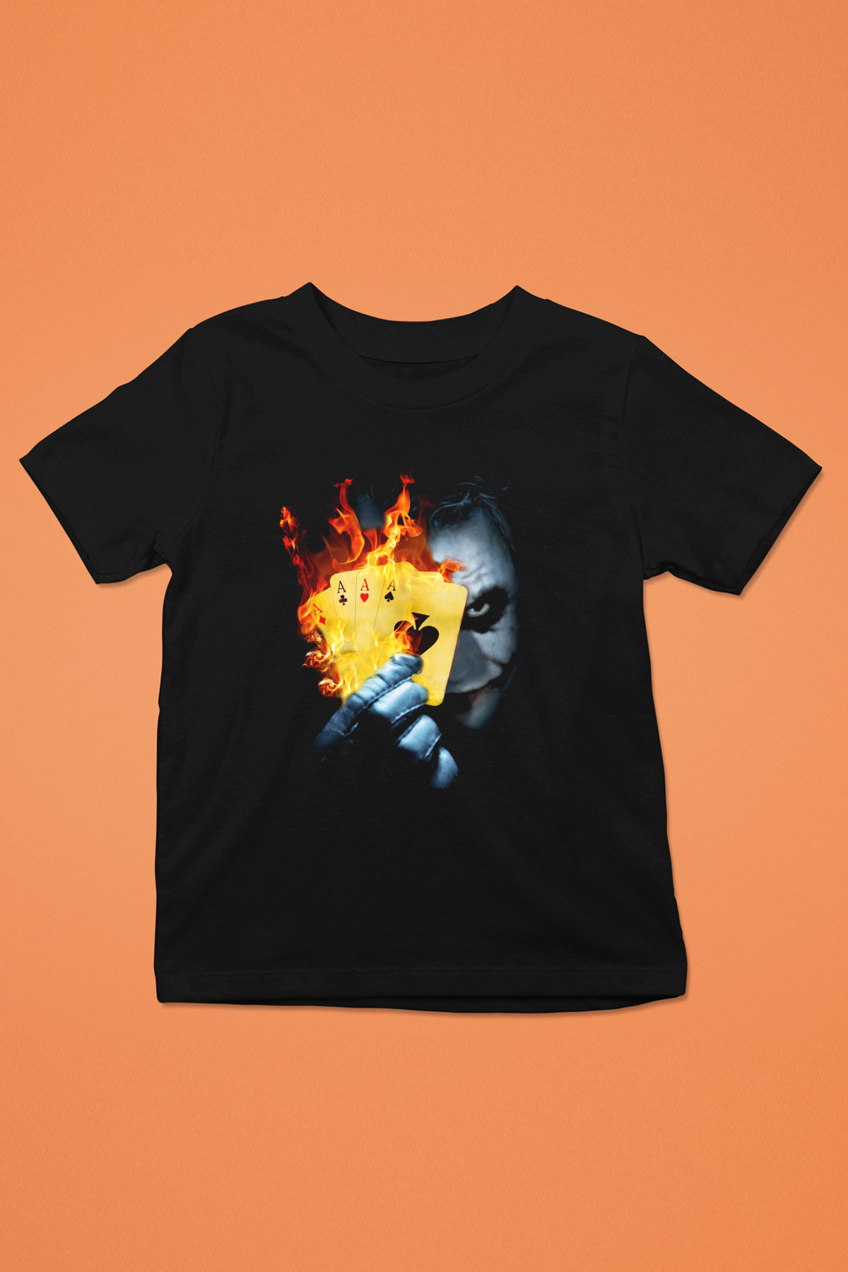 Unisex Burning Poker Joker Baskılı Siyah Çocuk T-shirt