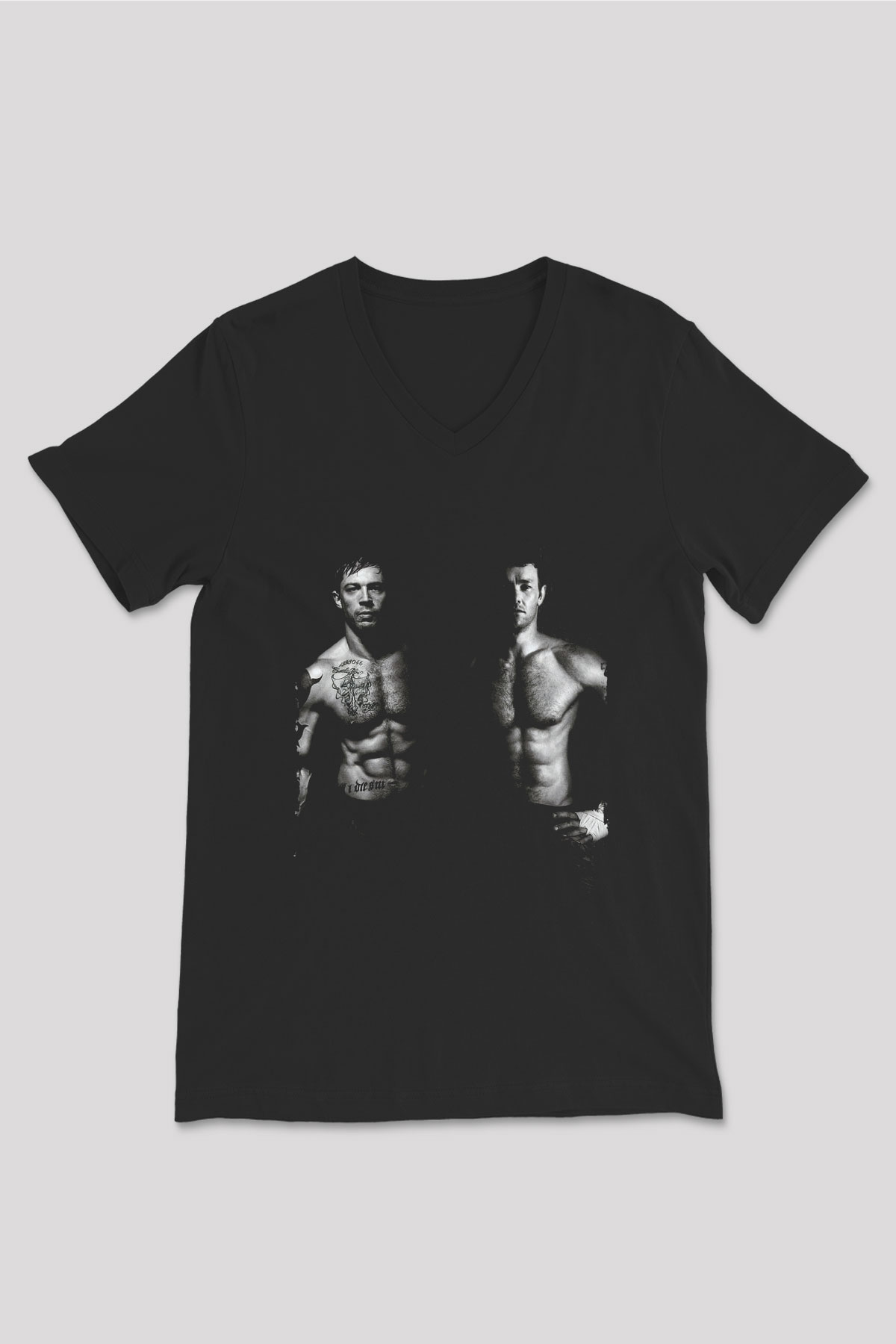 Unisex Büyük Dövüş (Warrior) Baskılı Siyah V Yaka Tshirt