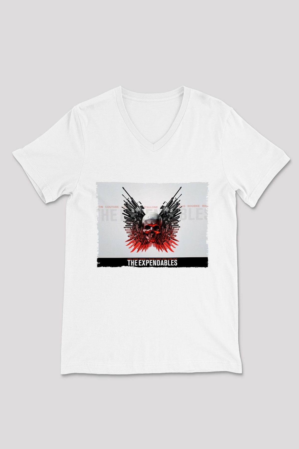 Unisex Cehennem Melekleri - The Expendables Baskılı Beyaz V Yaka Tişört