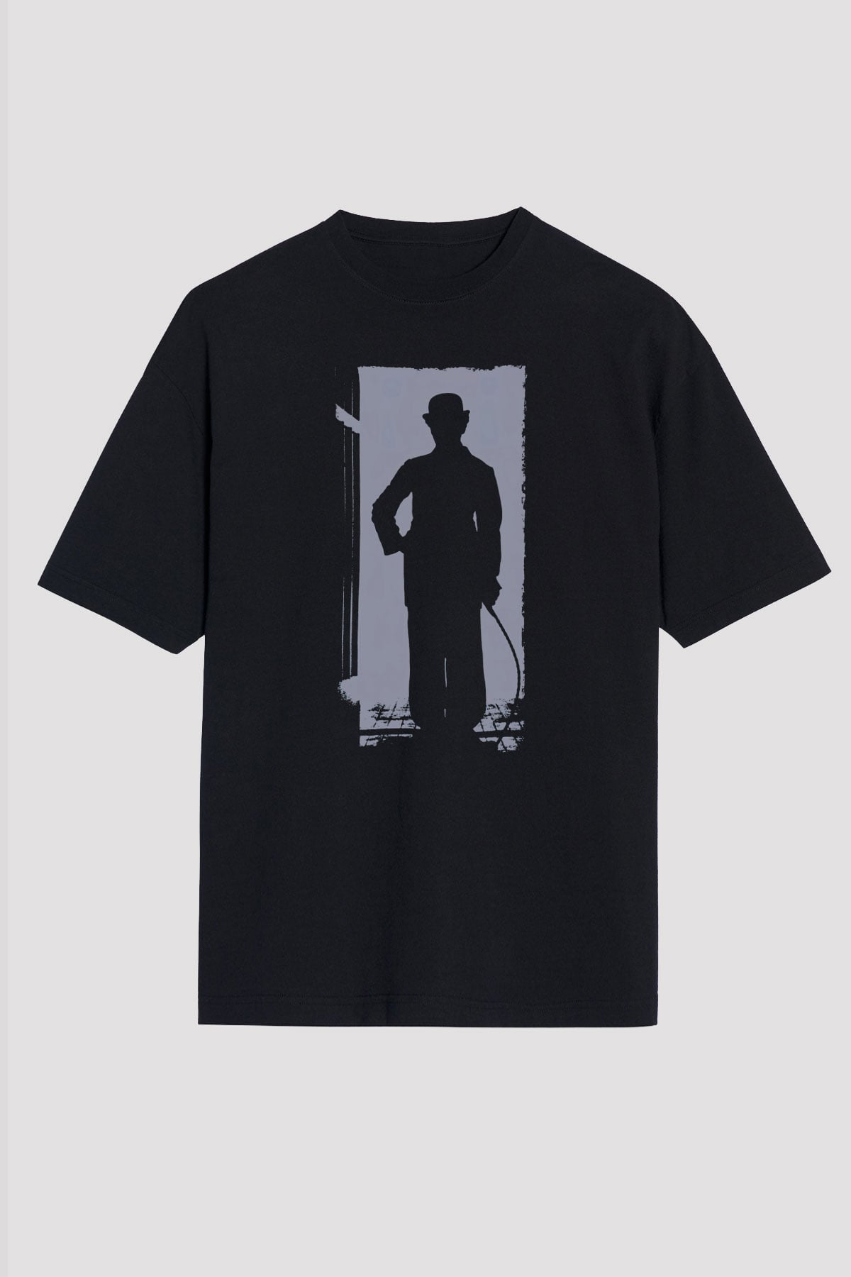 Unisex Charlie Chaplin Baskılı Siyah Oversize T-shirt