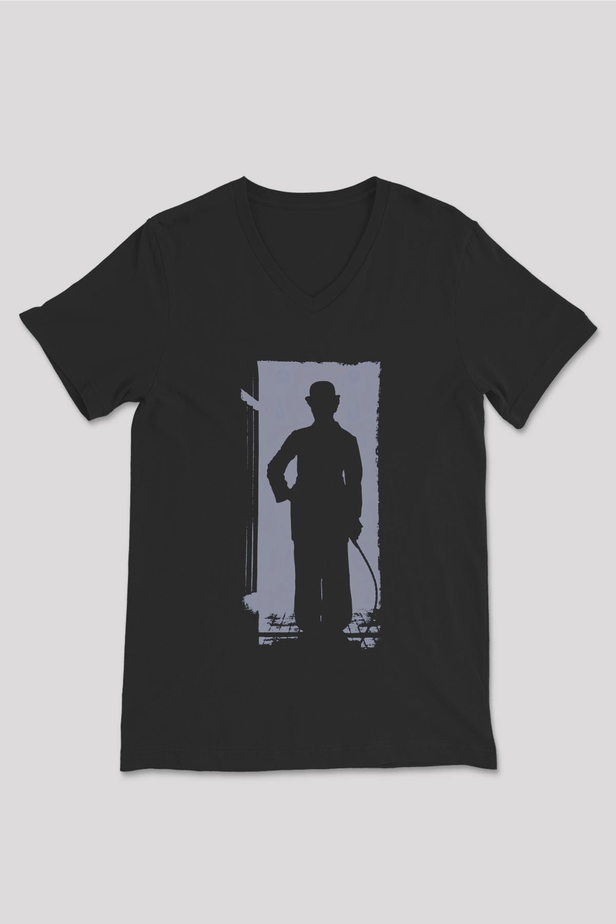 Unisex Charlie Chaplin Baskılı Siyah V Yaka T-shirt