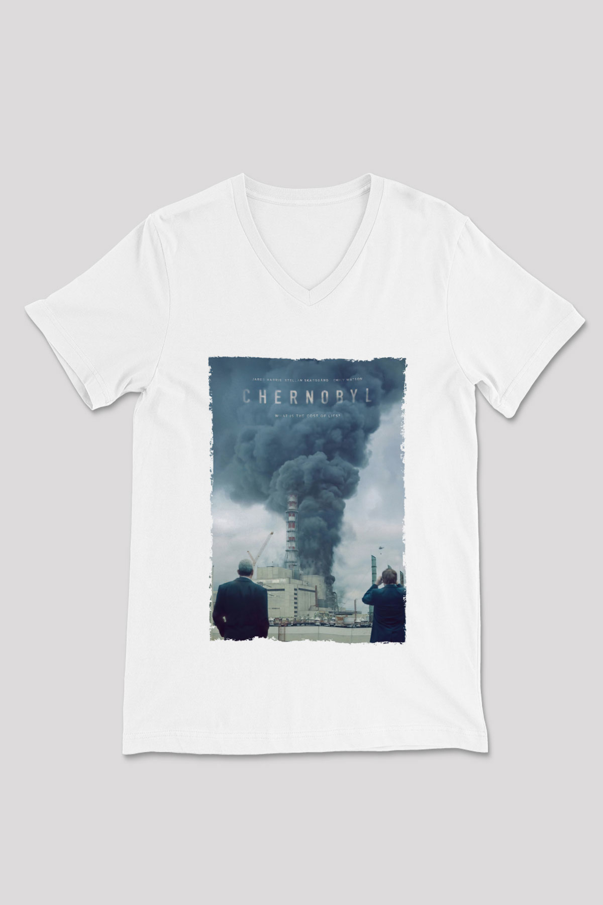 Unisex Chernobyl Baskılı Beyaz V Yaka Tişört