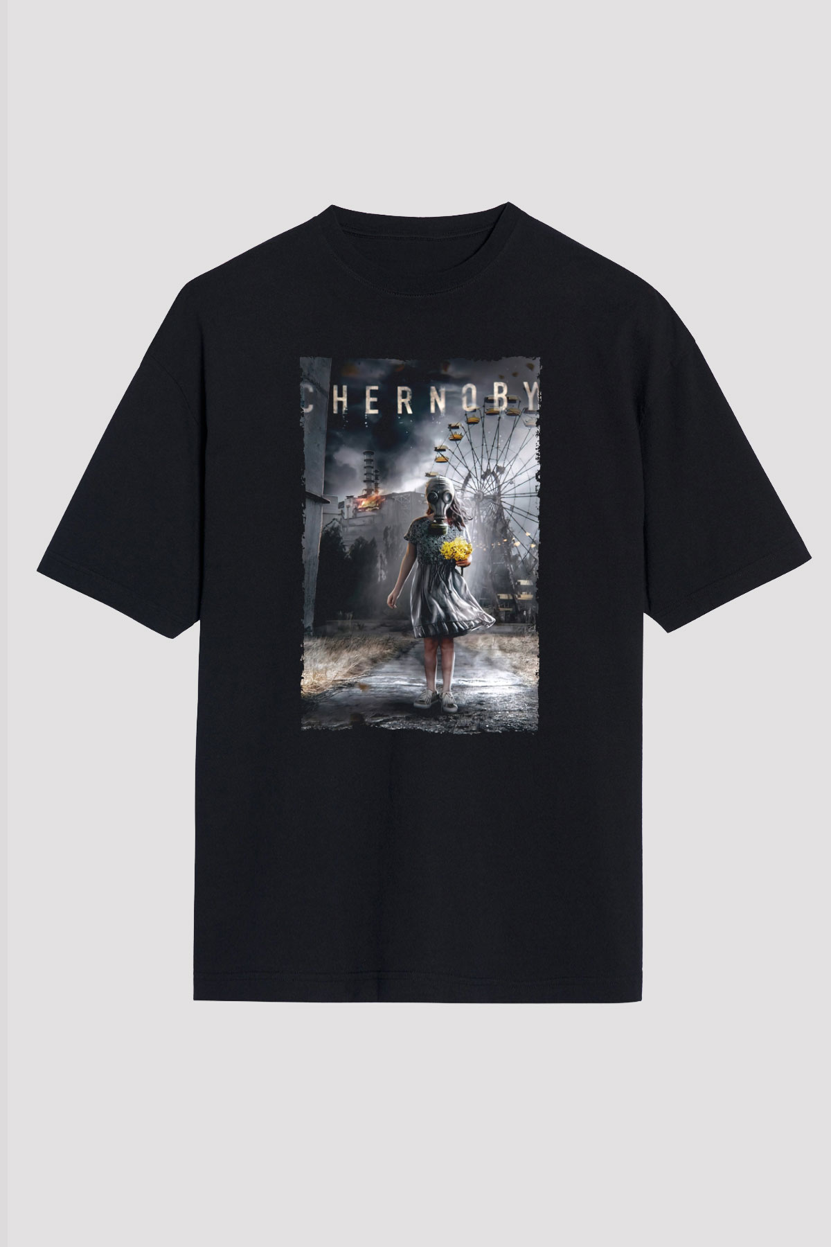 Unisex Chernobyl Baskılı Siyah Oversize T-shirt