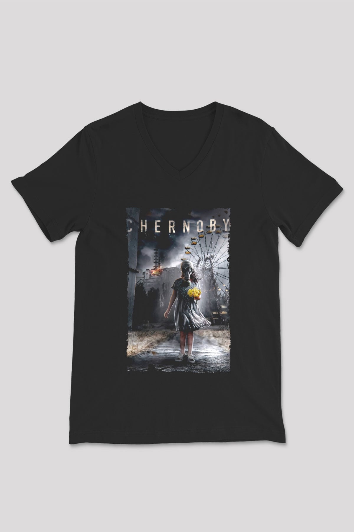 Unisex Chernobyl Baskılı Siyah V Yaka T-shirt