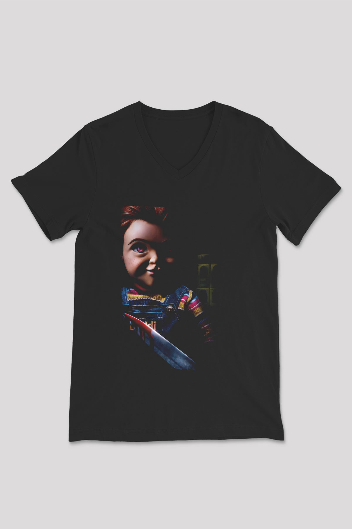 Unisex Chucky (Child's Play) Baskılı Siyah V Yaka Tshirt