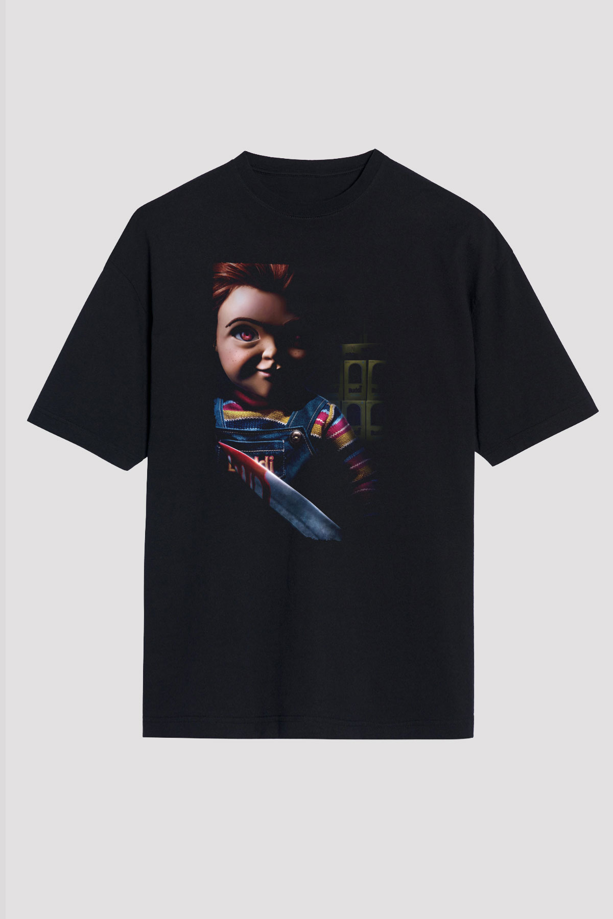 Unisex Chucky (Child's Play) Baskılı Siyah Oversize Tshirt