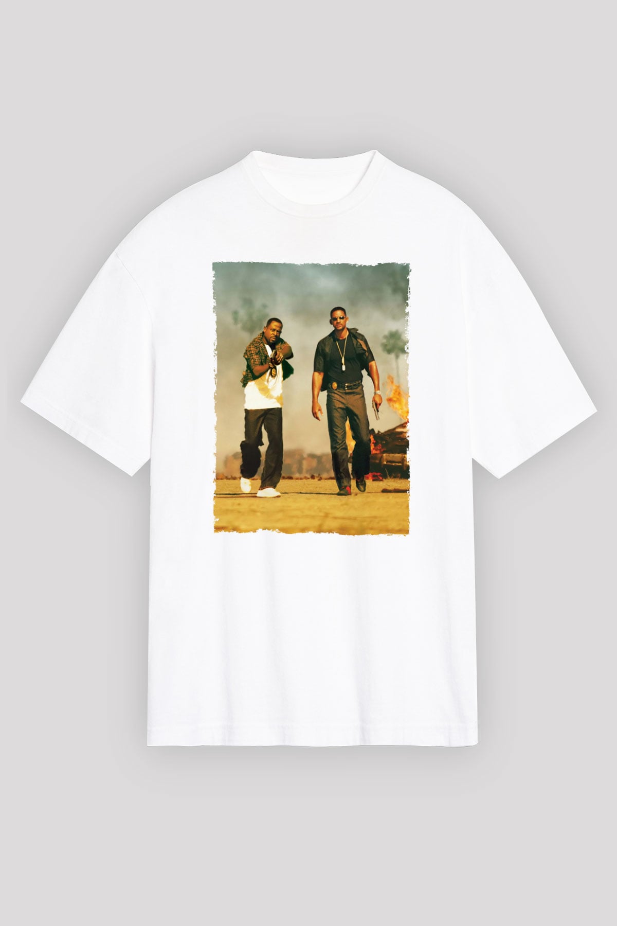 Unisex Çılgın İkili - Bad Boys Baskılı Beyaz Oversize Oversize T-shirt