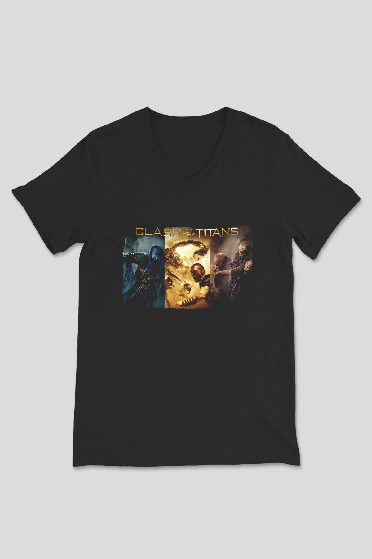 Unisex Clash of the Titans Baskılı Siyah V Yaka Tshirt