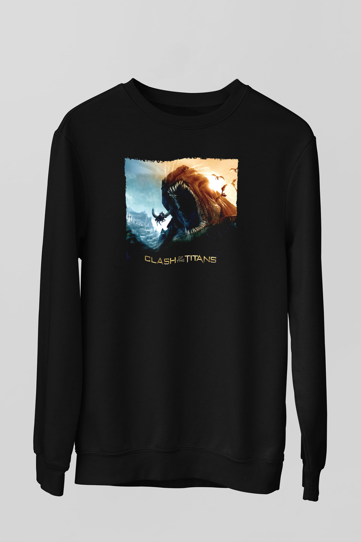 Unisex Clash of the Titans Baskılı Siyah Unisex Sweatshirt