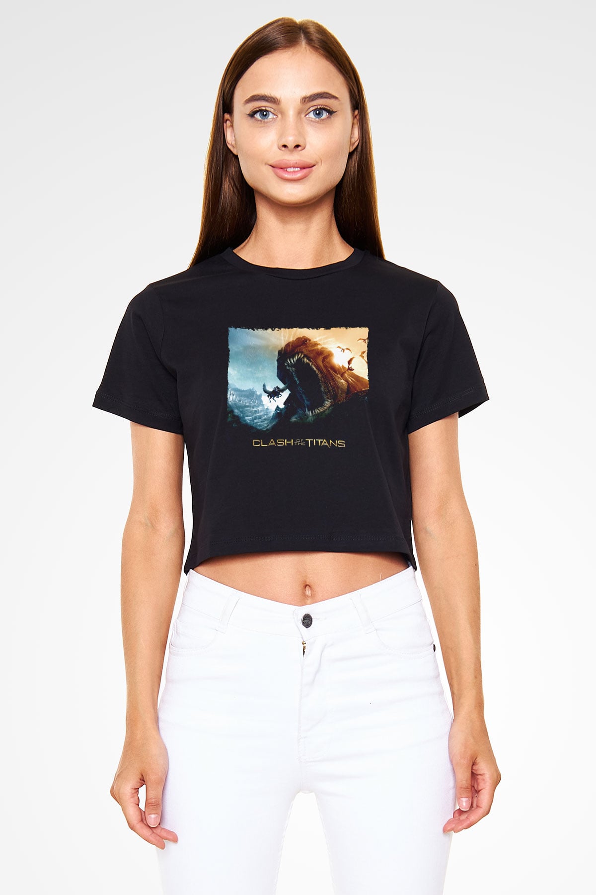 Unisex Clash of the Titans Baskılı Siyah Unisex Crop Top Tshirt