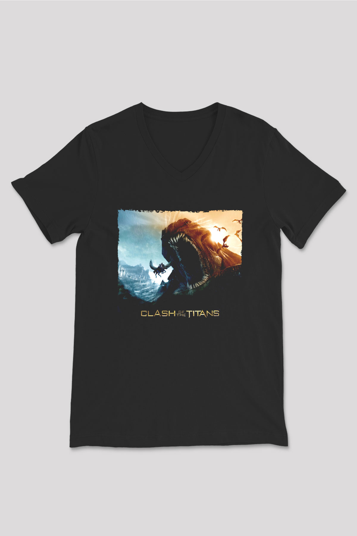 Unisex Clash of the Titans Baskılı Siyah Unisex V Yaka Tshirt