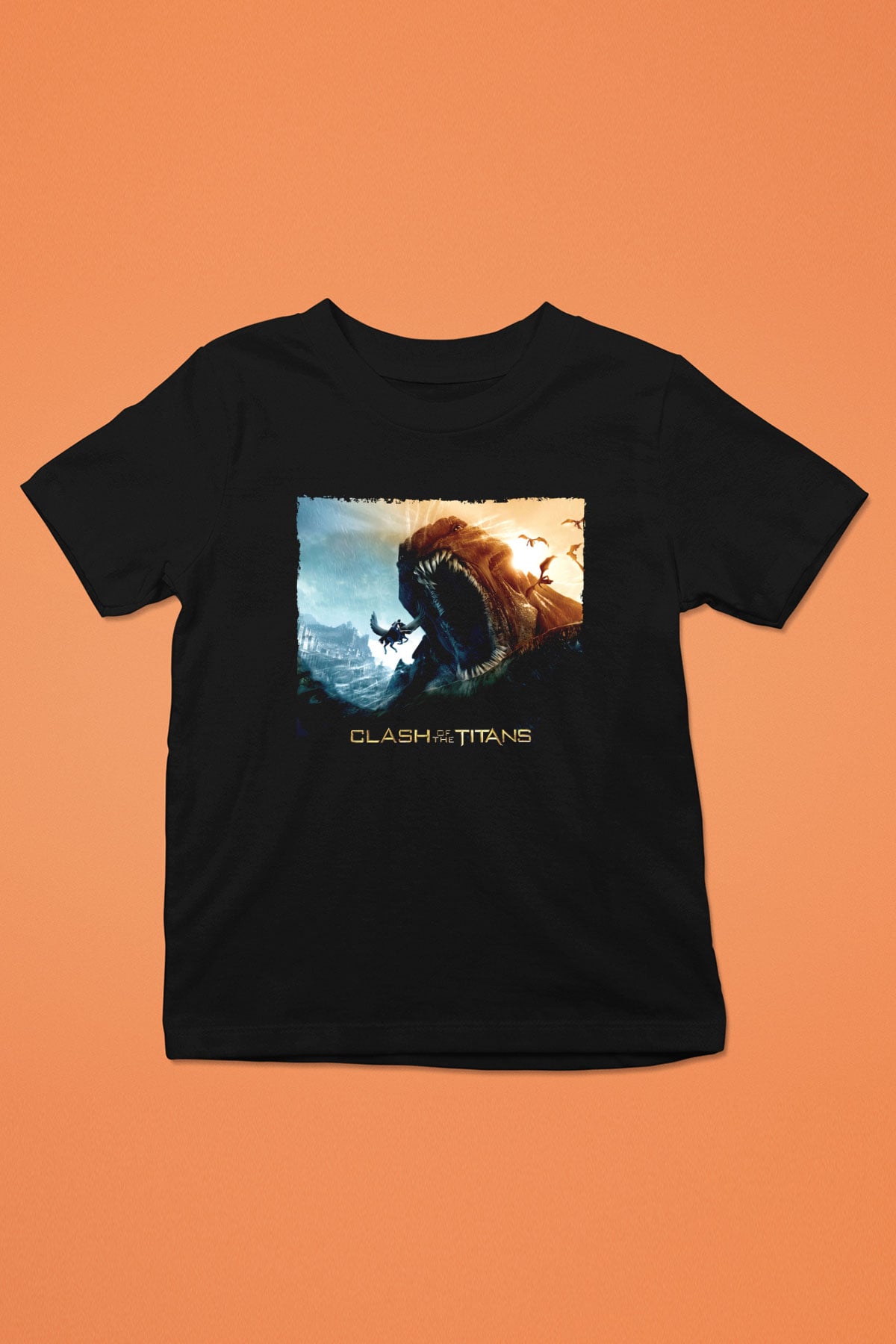 Unisex Clash of the Titans Baskılı Siyah Çocuk Unisex Tshirt