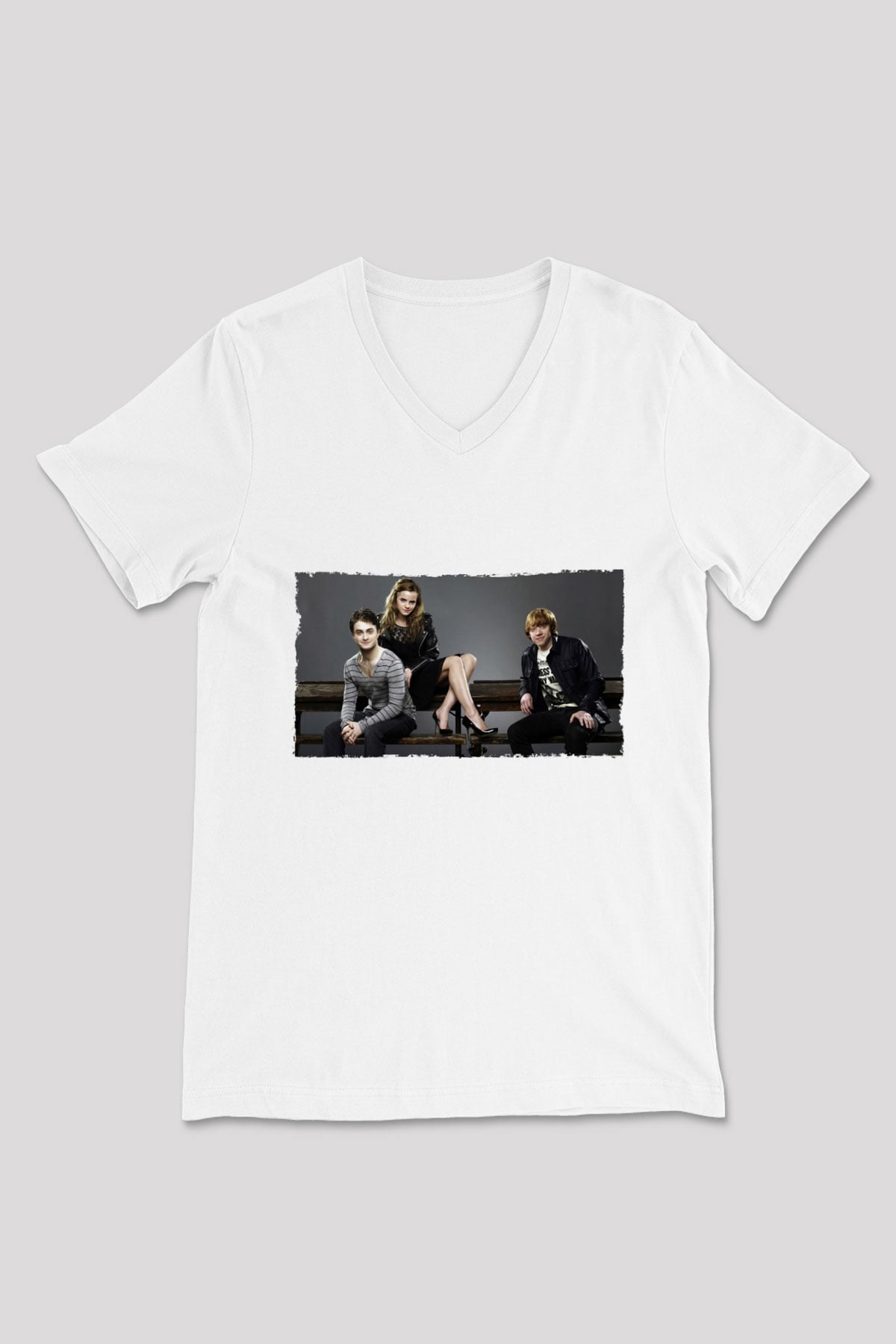 Unisex Daniel Radcliffe - Emma Watson and Rupert Grint Baskılı Beyaz V Yaka Tişört