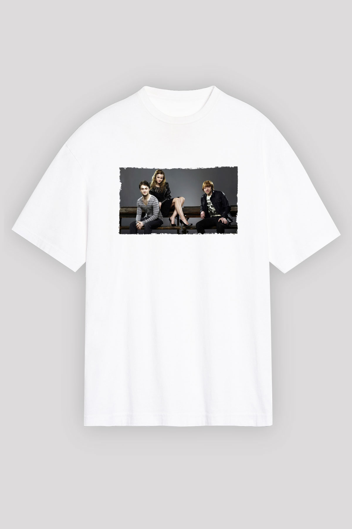 Unisex Daniel Radcliffe - Emma Watson and Rupert Grint Baskılı Beyaz Oversize Tişört