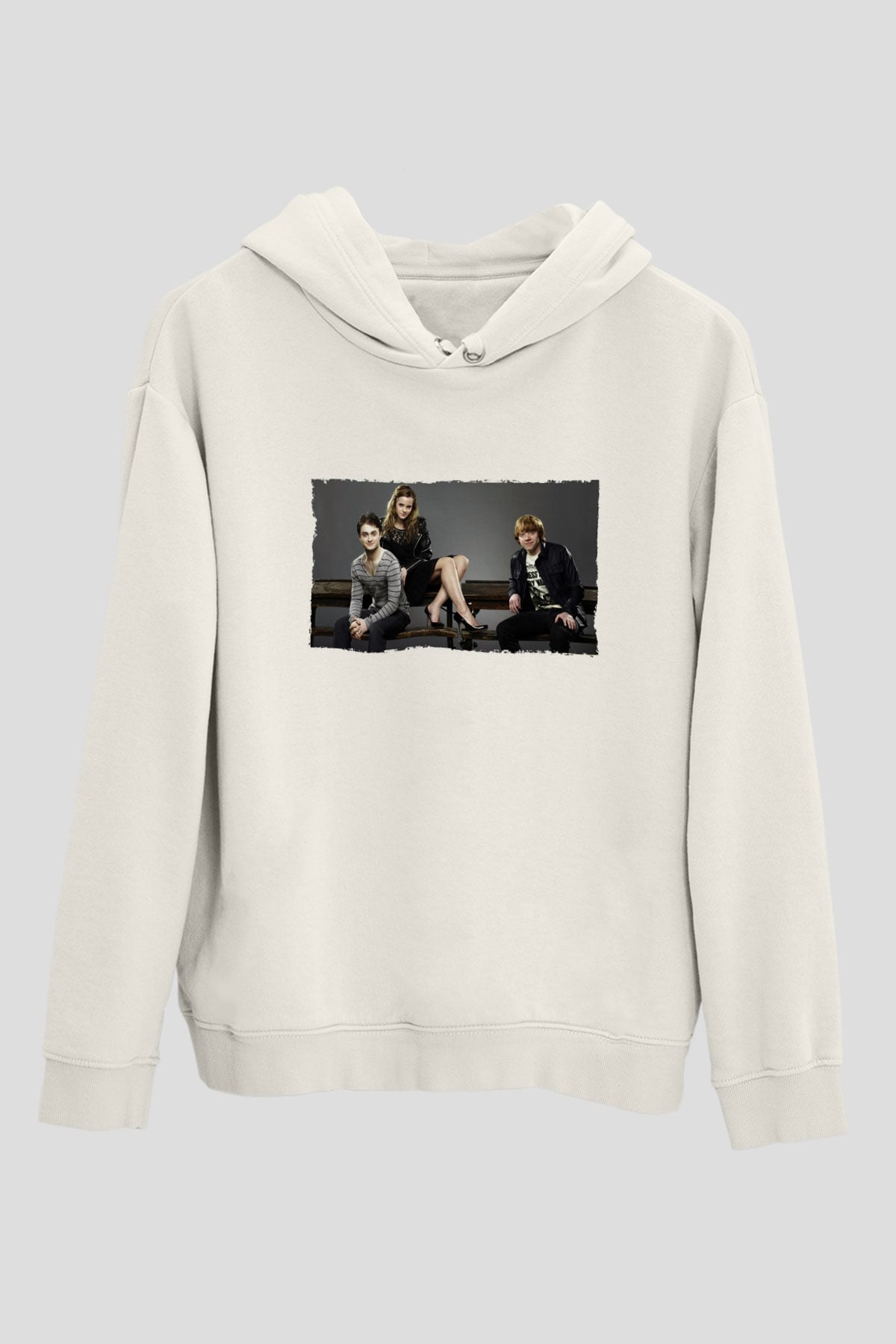 Unisex Daniel Radcliffe - Emma Watson and Rupert Grint Baskılı Beyaz Kapüşonlu Sweatshirt