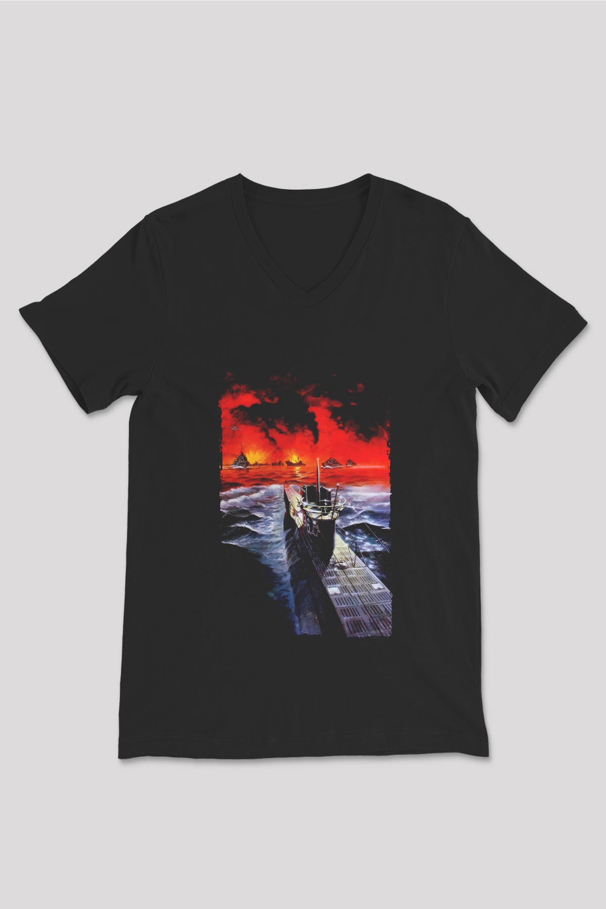 Unisex Das Boot Baskılı Siyah V Yaka Tshirt