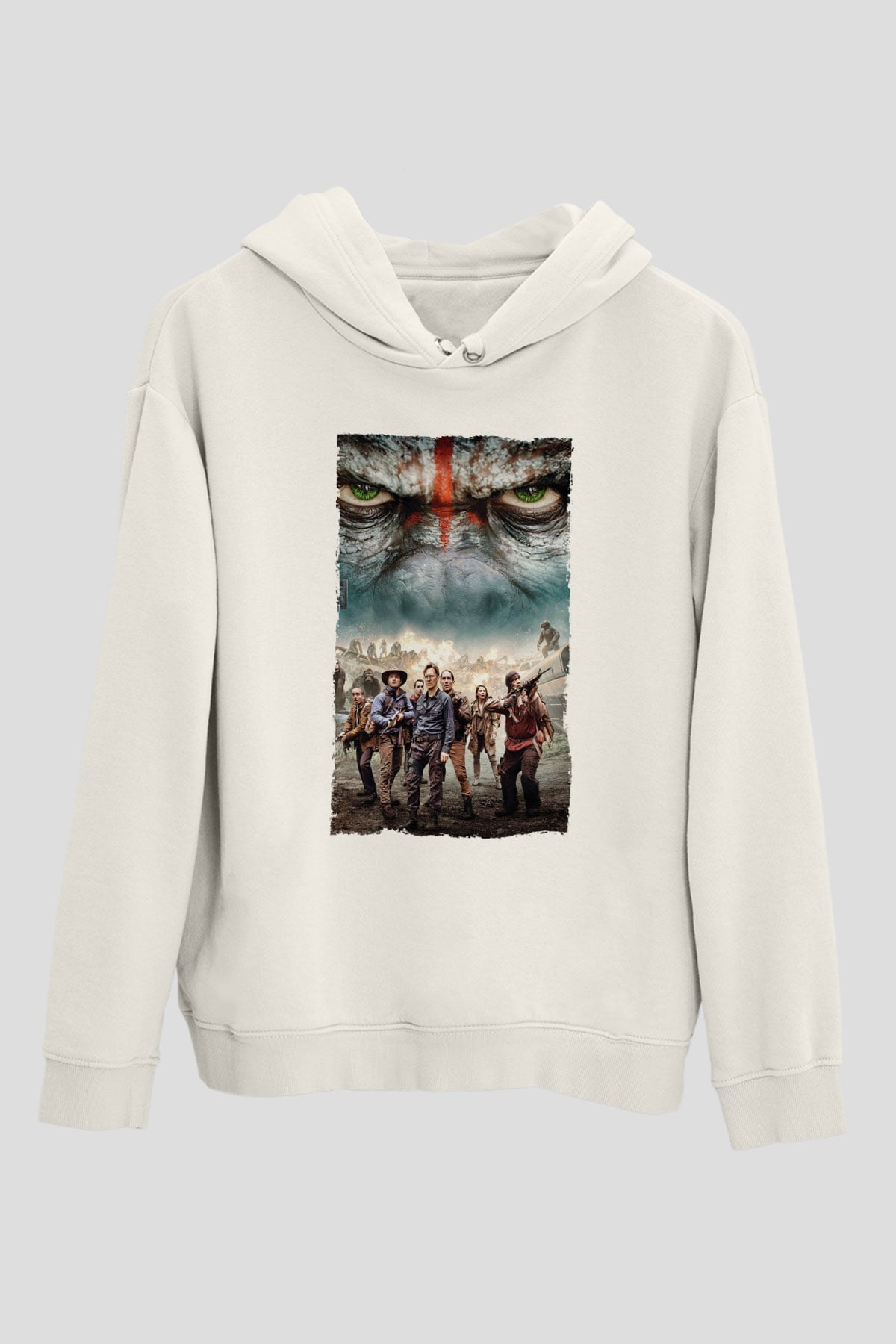 Unisex Dawn of the Planet of the Apes - Maymunlar Cehennemi Şafak Vakti Baskılı Beyaz Kapüşonlu Sweatshirt