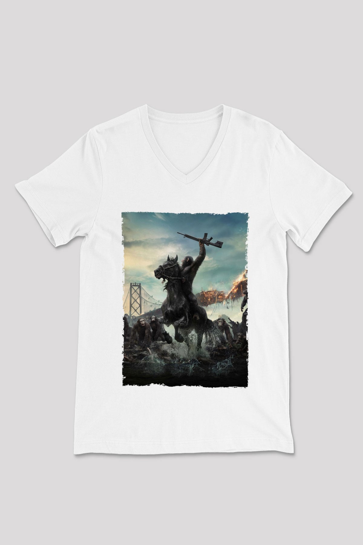 Unisex Dawn of the Planet of the Apes - Maymunlar Cehennemi Şafak Vakti Baskılı Beyaz V Yaka Tişört