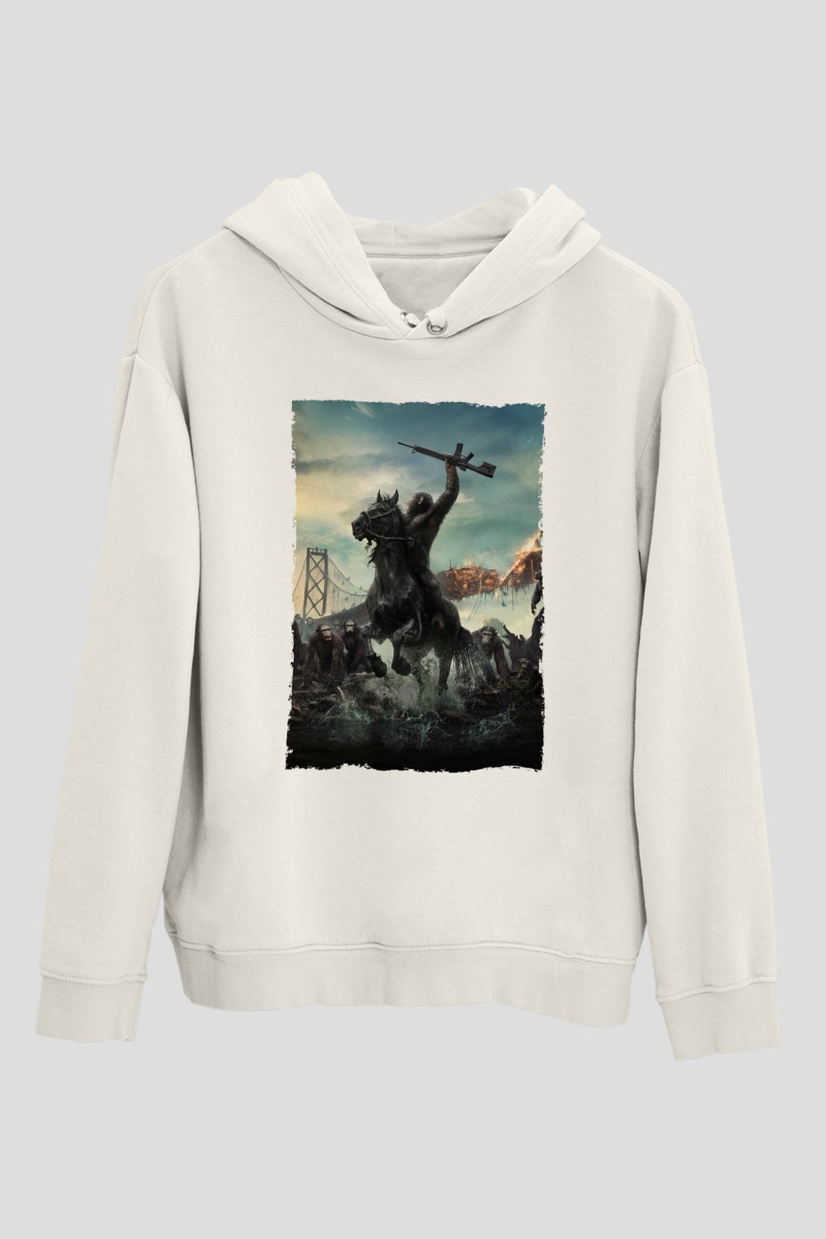 Unisex Dawn of the Planet of the Apes - Maymunlar Cehennemi Şafak Vakti Baskılı Beyaz Kapüşonlu Sweatshirt