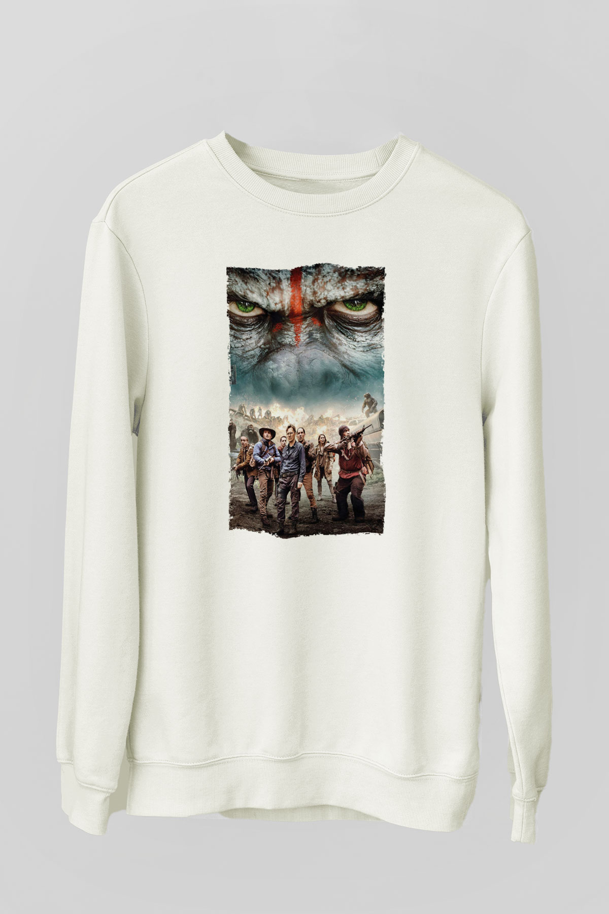 Unisex Dawn of the Planet of the Apes - Maymunlar Cehennemi Şafak Vakti Baskılı Beyaz Sweatshirt