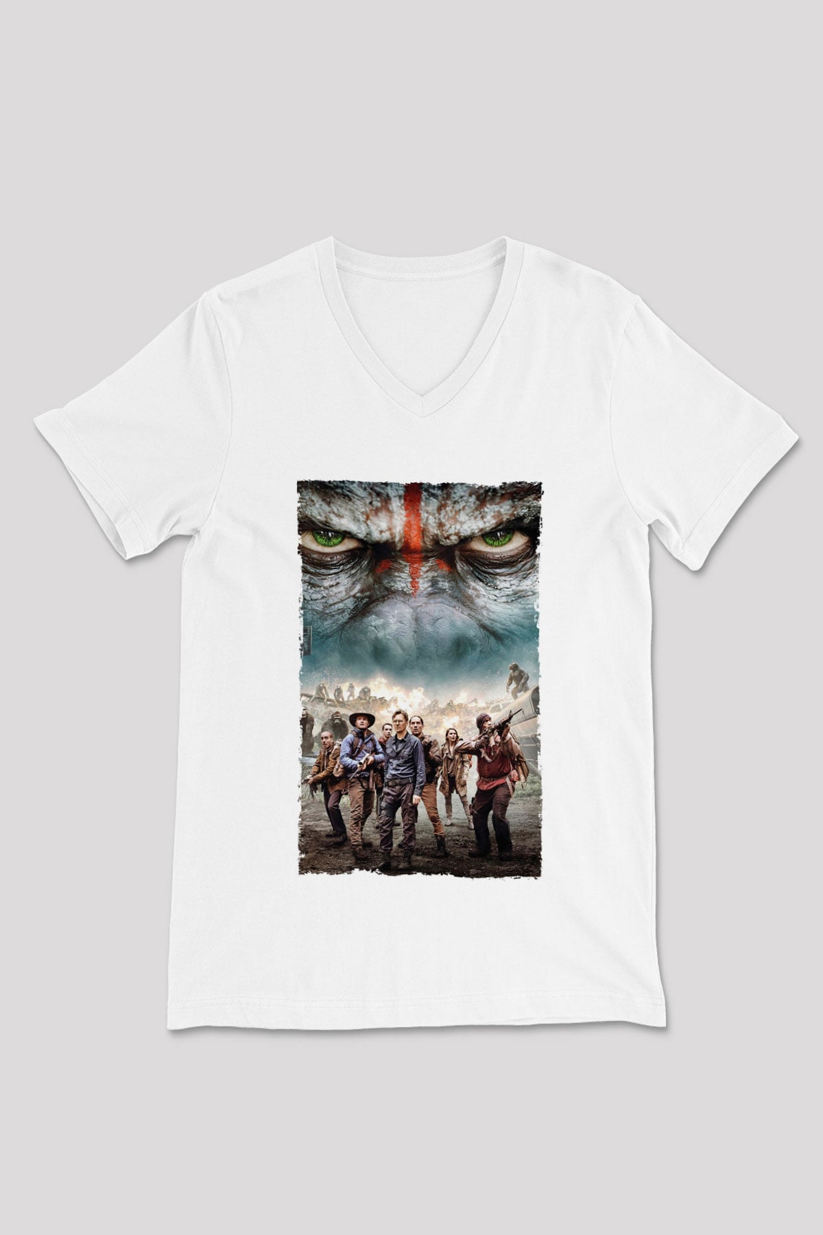 Unisex Dawn of the Planet of the Apes - Maymunlar Cehennemi Şafak Vakti Baskılı Beyaz V Yaka Tshirt