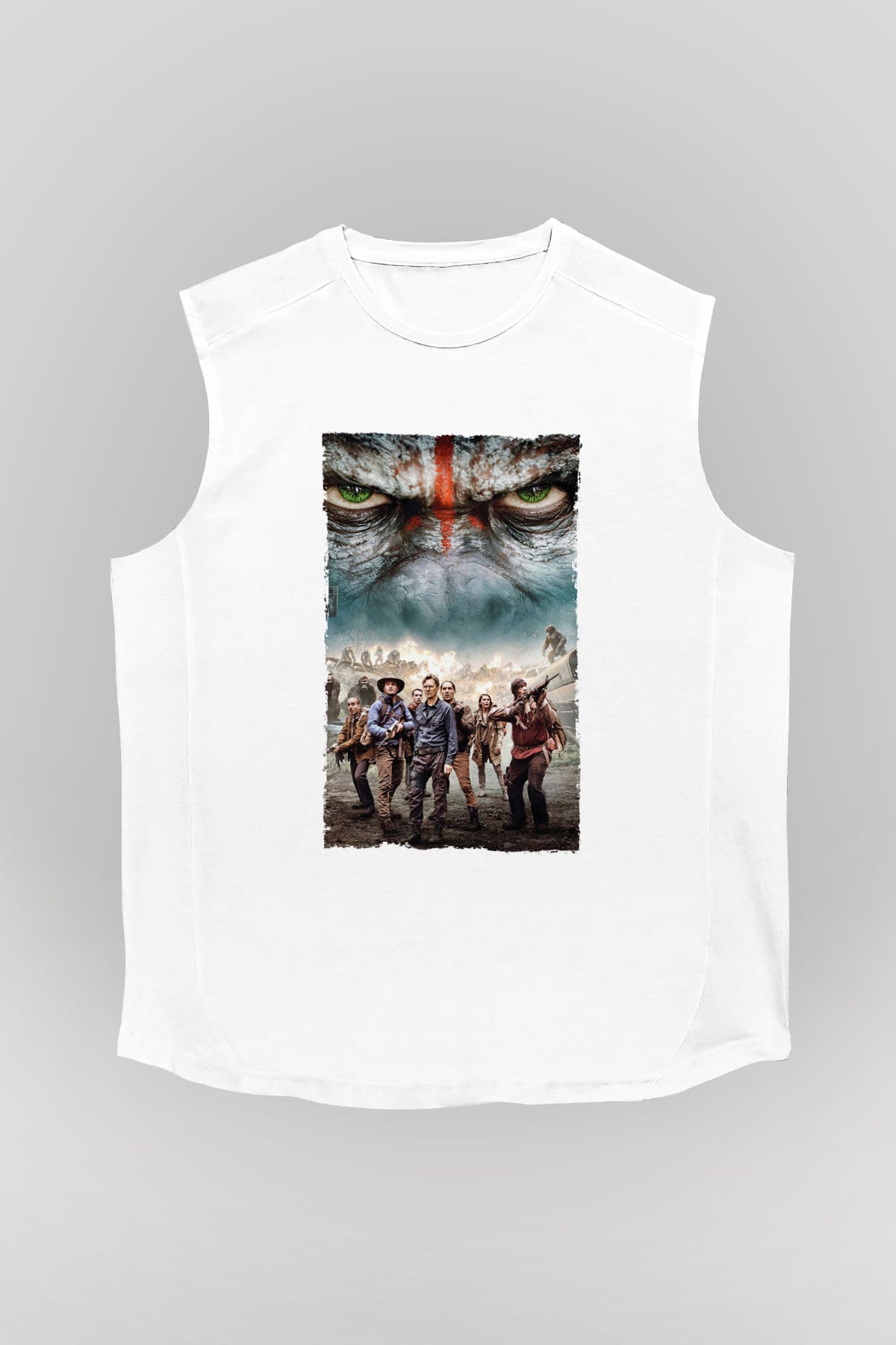 Unisex Dawn of the Planet of the Apes - Maymunlar Cehennemi Şafak Vakti Baskılı Beyaz Kolsuz Tshirt