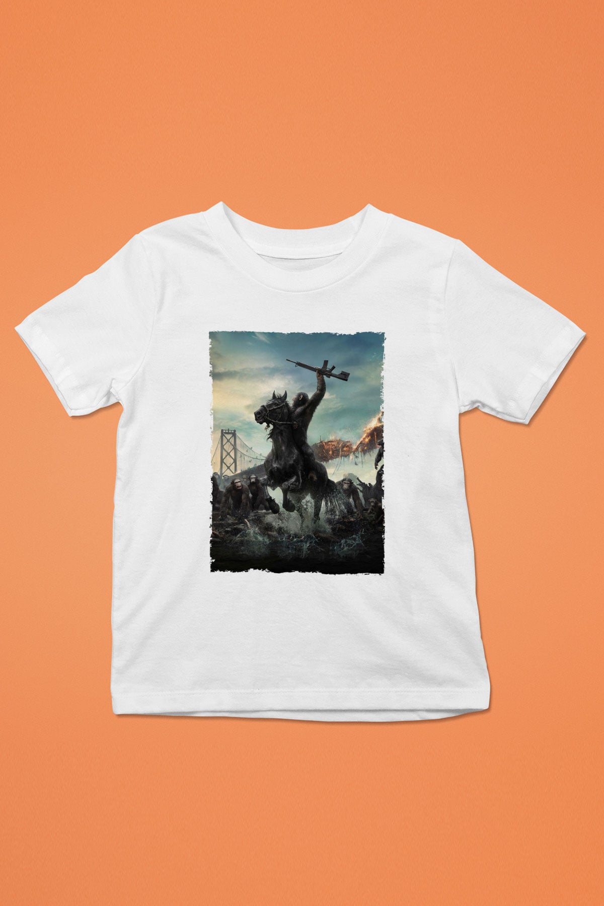 Unisex Dawn of the Planet of the Apes - Maymunlar Cehennemi Şafak Vakti Baskılı Beyaz Çocuk Tişört