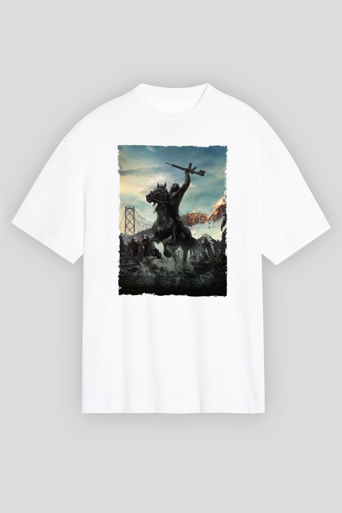 Unisex Dawn of the Planet of the Apes - Maymunlar Cehennemi Şafak Vakti Baskılı Beyaz Oversize Tişört