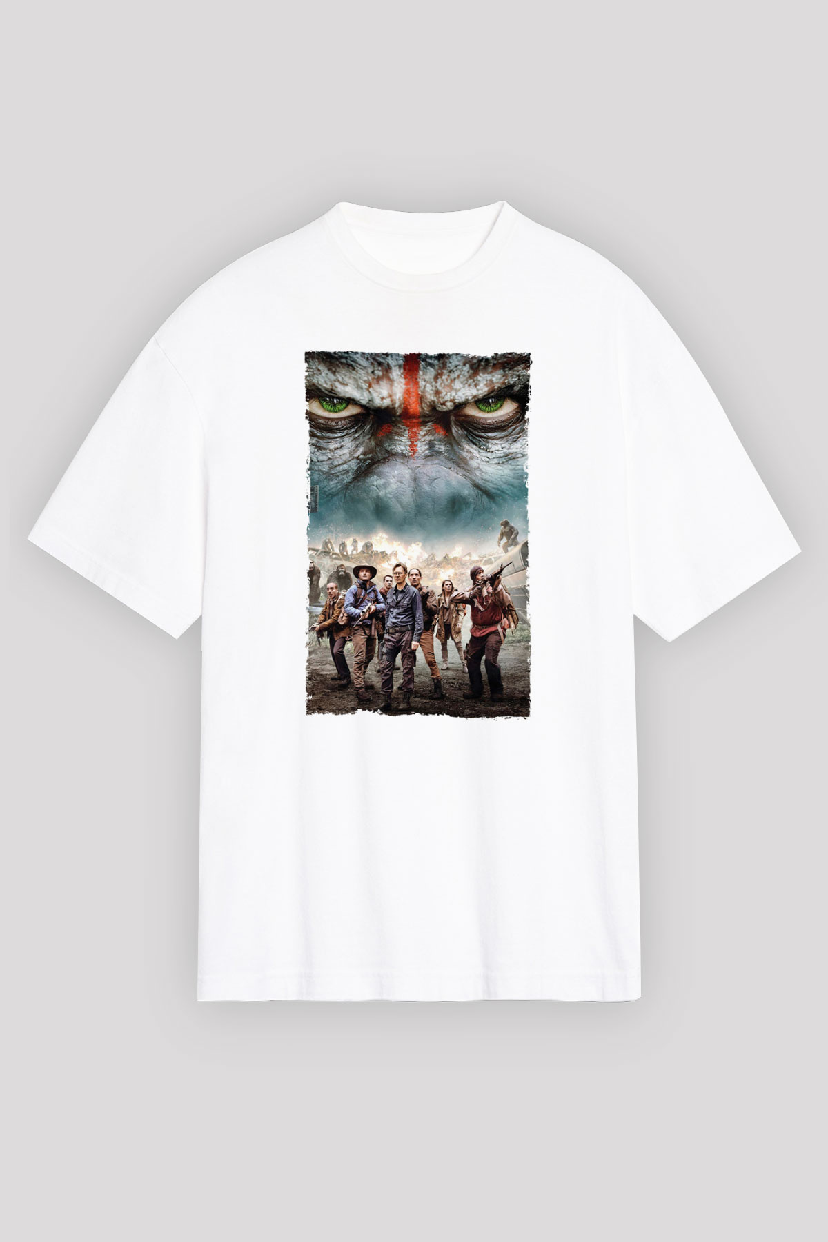 Unisex Dawn of the Planet of the Apes - Maymunlar Cehennemi Şafak Vakti Baskılı Beyaz Oversize Oversize T-shirt