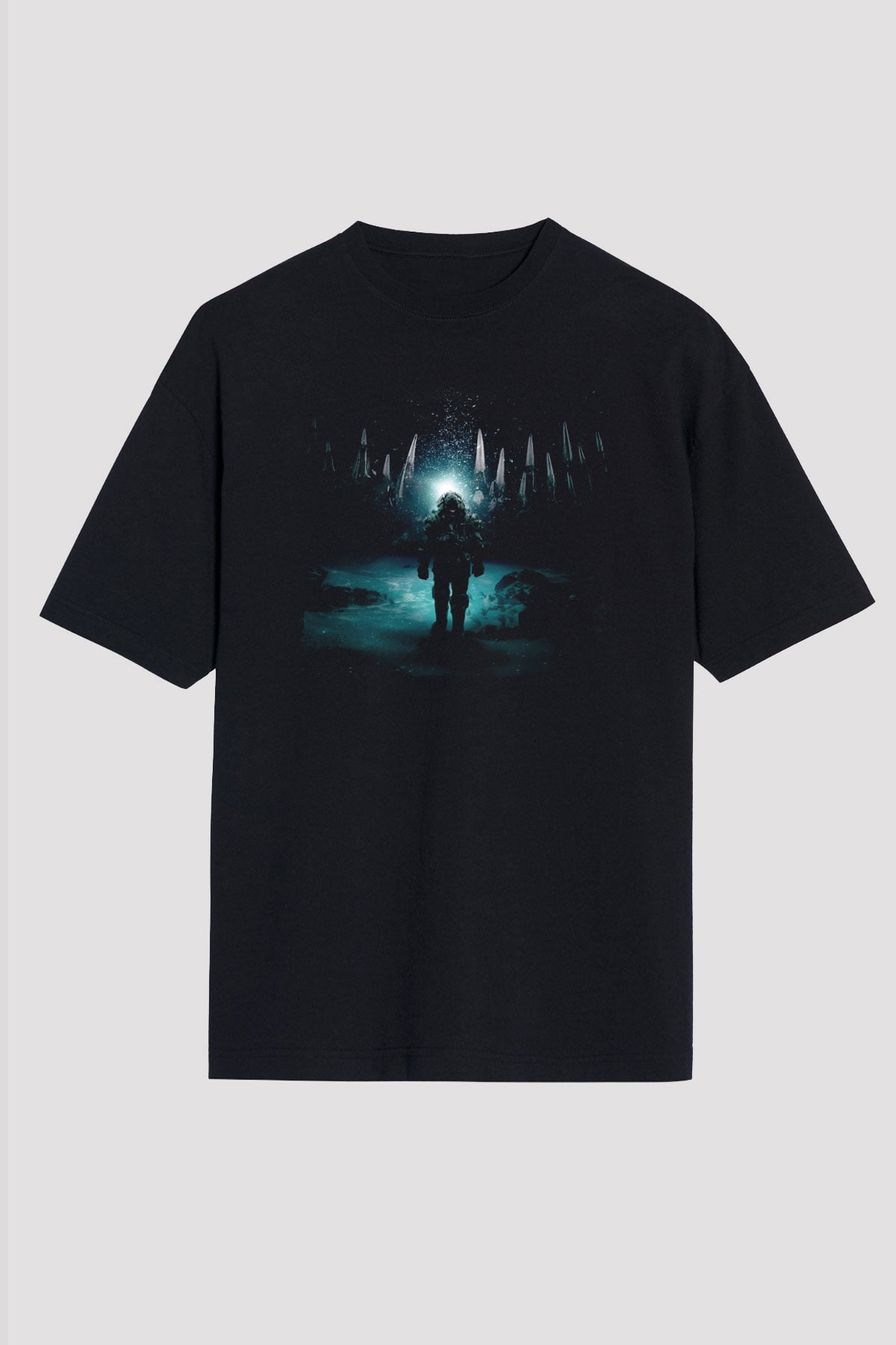 Unisex Derin Sular (Underwater) Baskılı Siyah Oversize Tişört