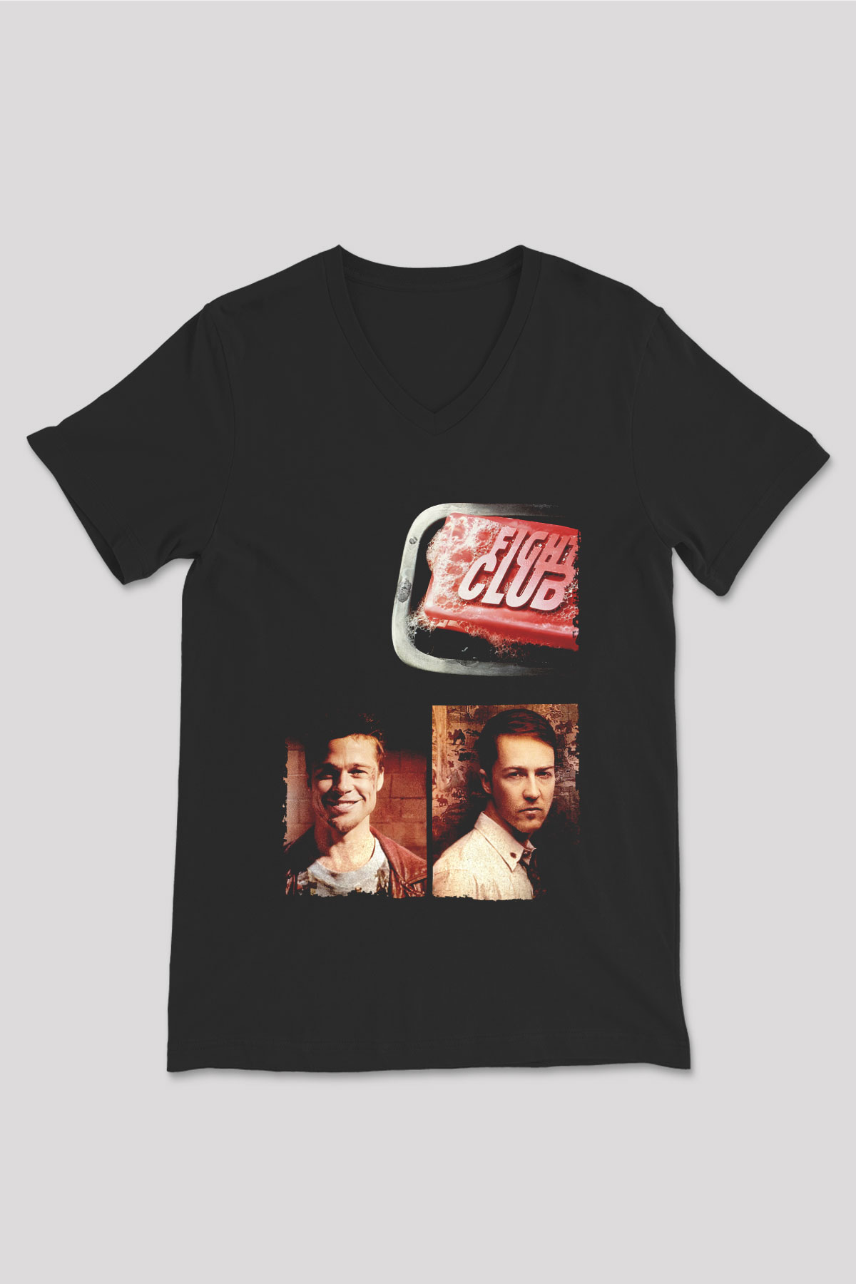 Unisex Dövüş Kulübü (Fight Club) Baskılı Siyah V Yaka Tişört