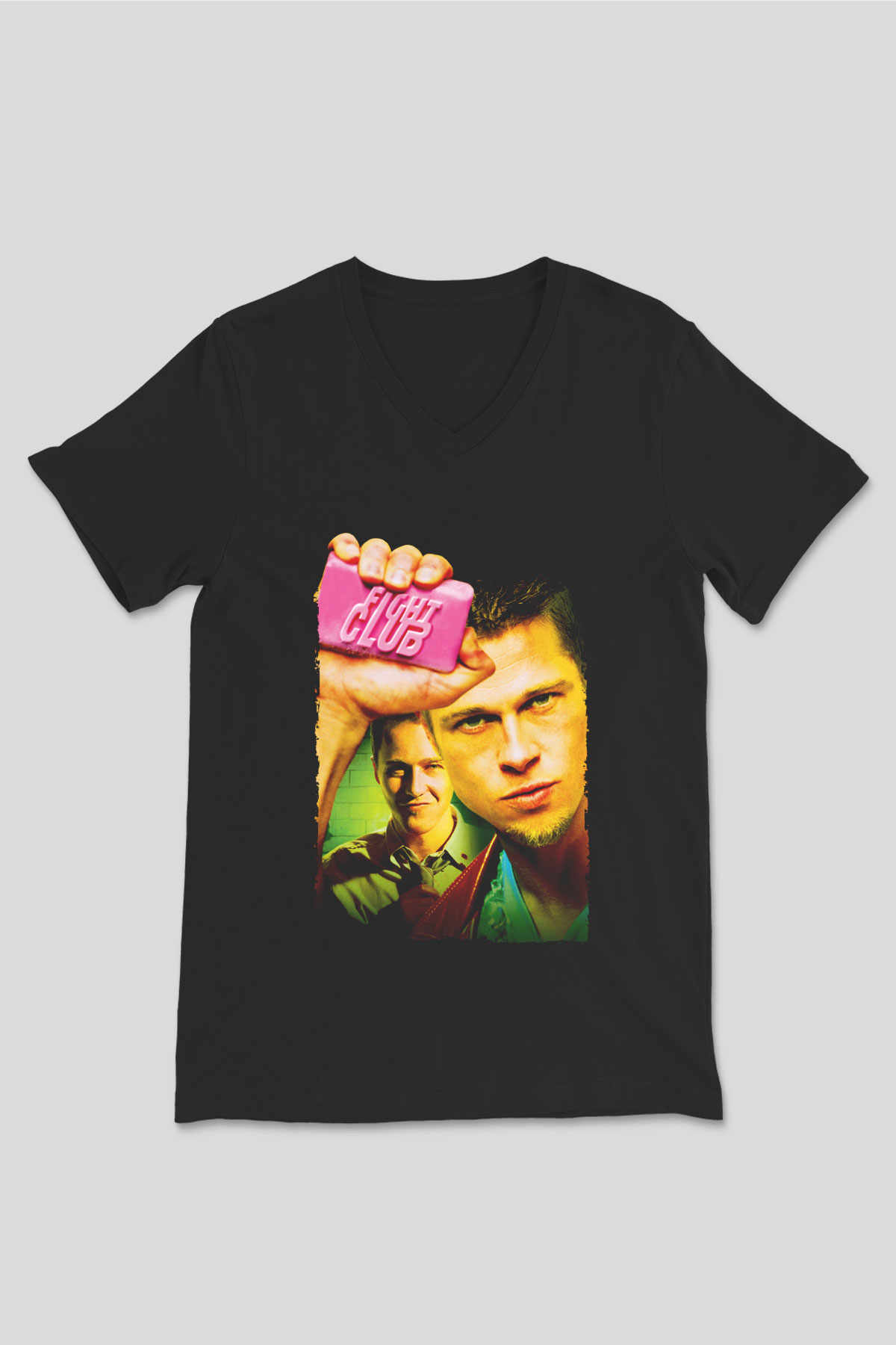 Unisex Dövüş Kulübü (Fight Club) Baskılı Siyah V Yaka T-shirt