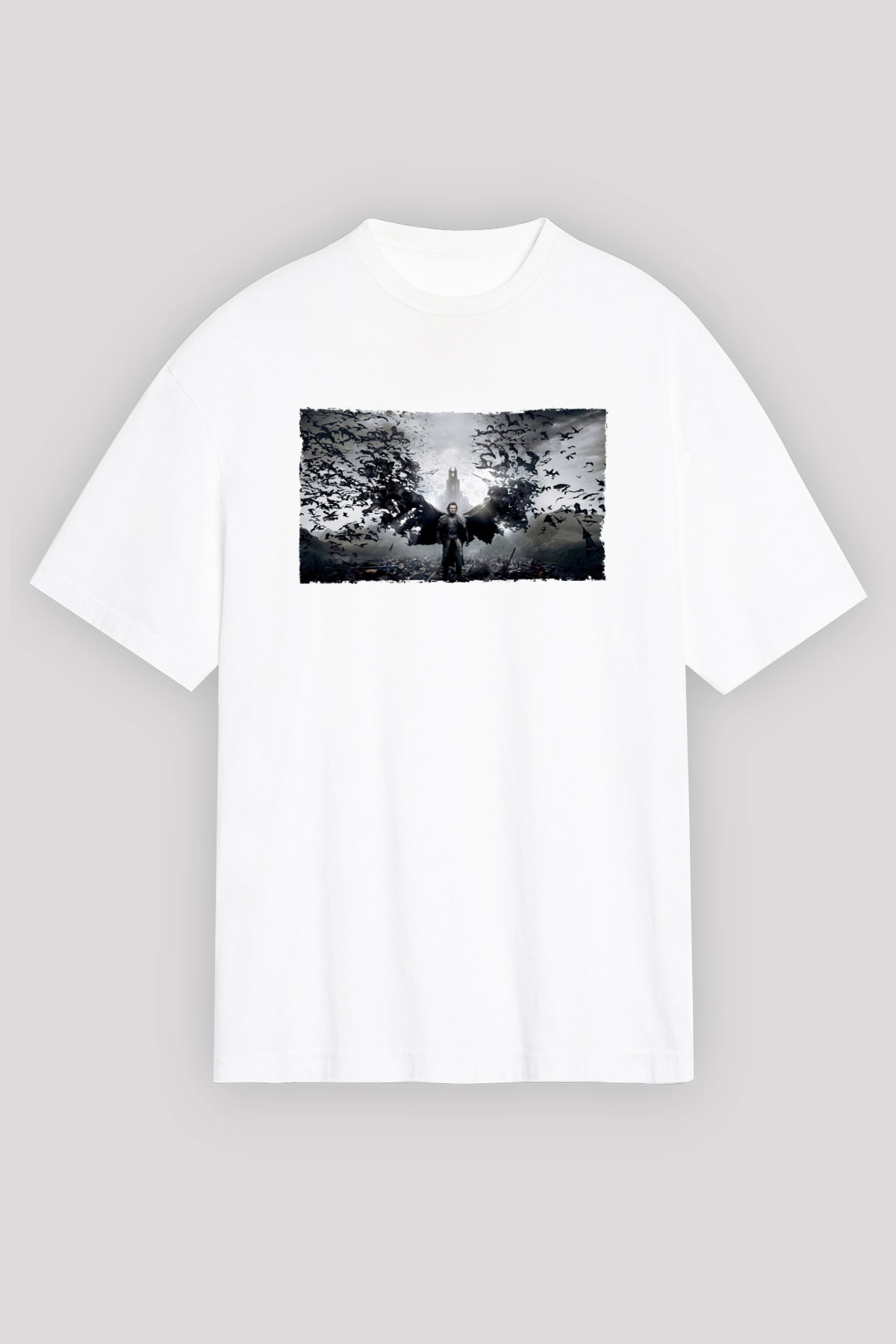 Unisex Dracula Untold Baskılı Beyaz Oversize Oversize T-shirt