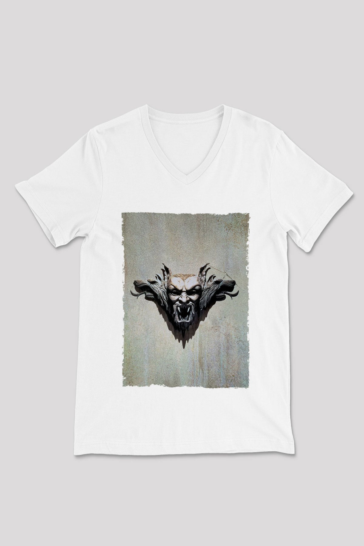 Unisex Drakula Baskılı Beyaz V Yaka Tshirt