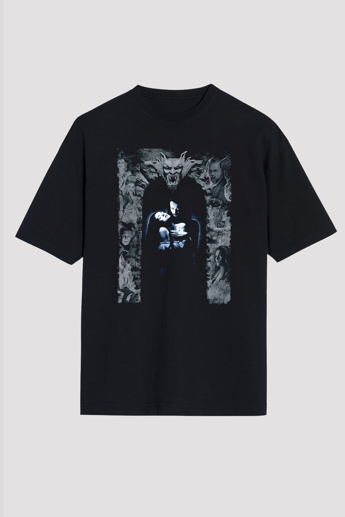 Unisex Drakula Baskılı Siyah Oversize Tişört